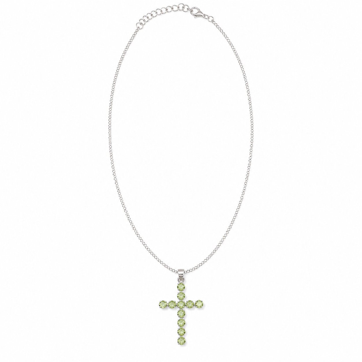 Pendente Devocional Banhado a Prata com Cordão de 45 cm - Crucifixo em Peridoto