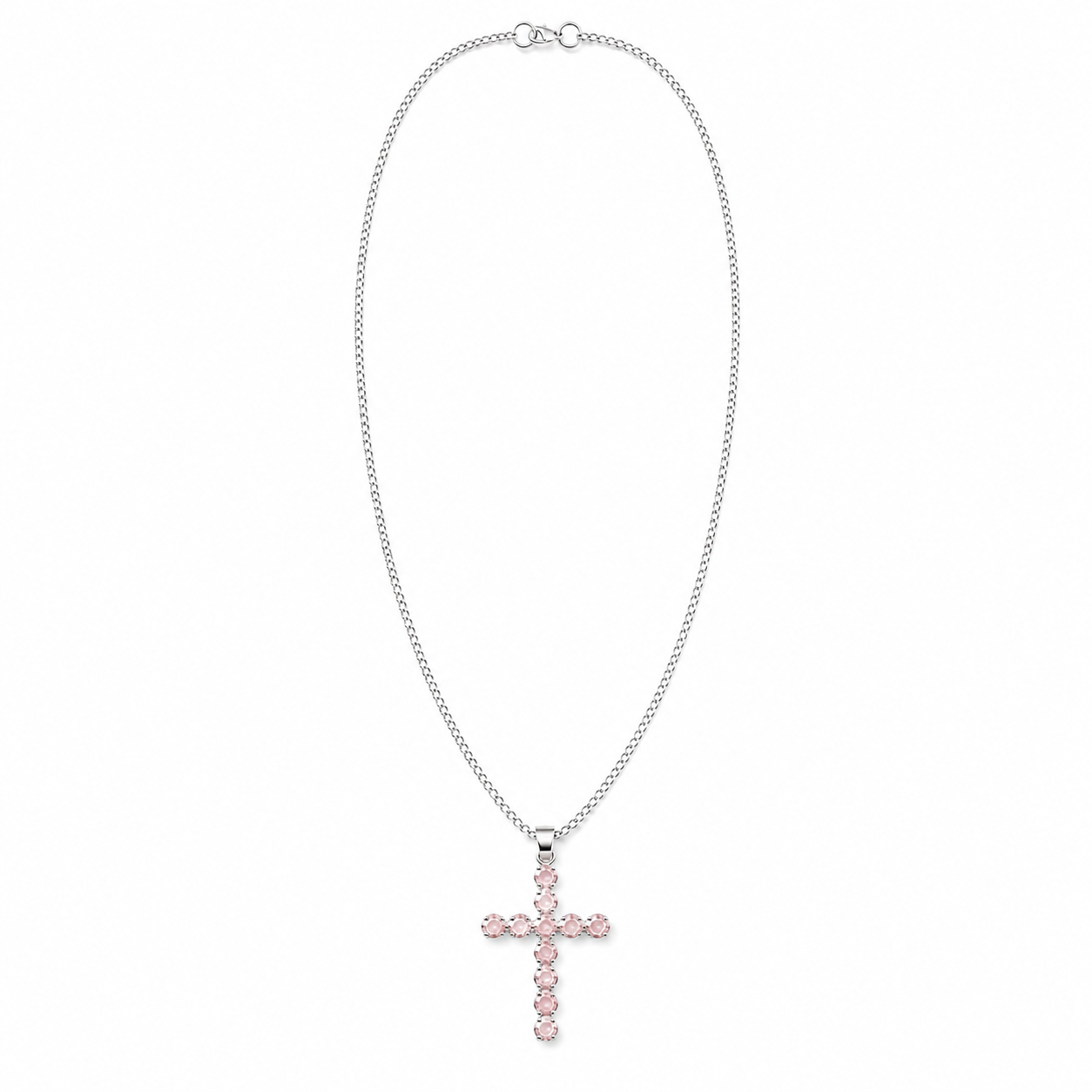 Pendente Devocional Banhado a Prata com Cordão de 45 cm - Crucifixo em Quartzo Rosa
