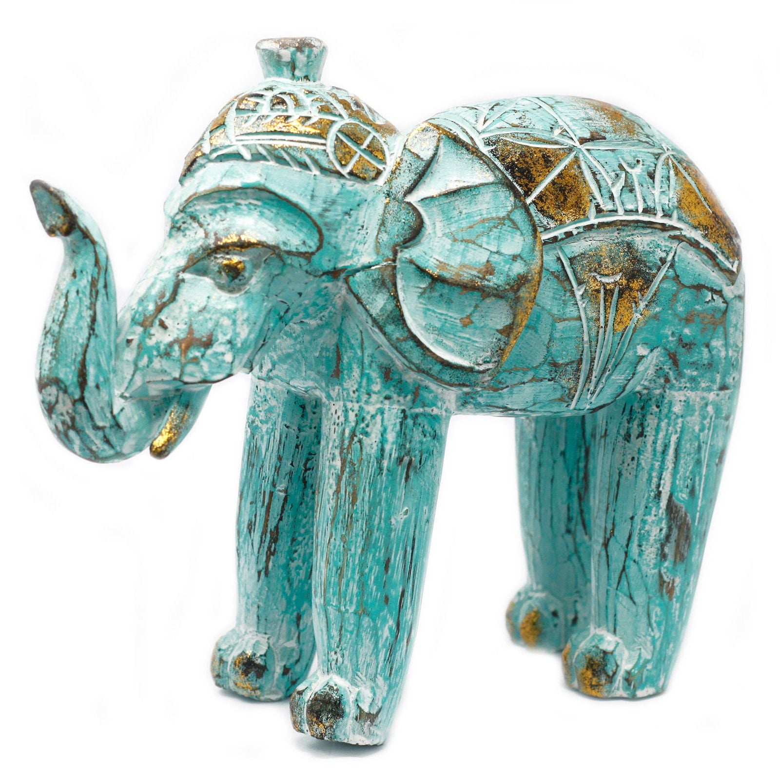 Elefante Esculpido em Madeira – Dourado e Turquesa