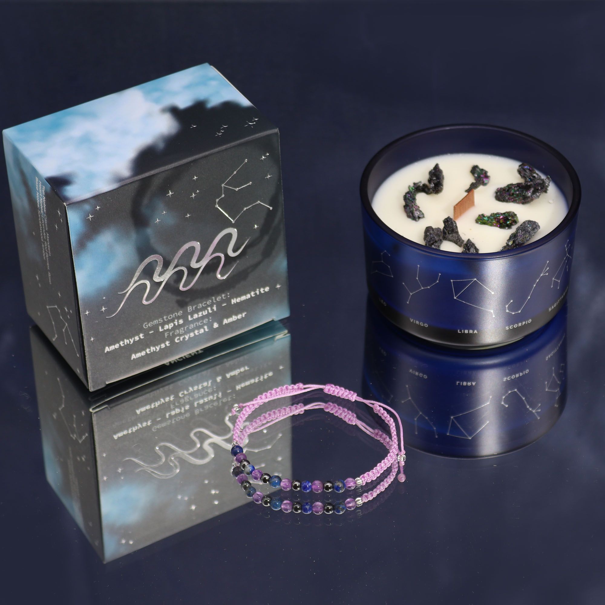 Vela de Cristal do Zodíaco com Pulseira de Pedras Naturais Aquário