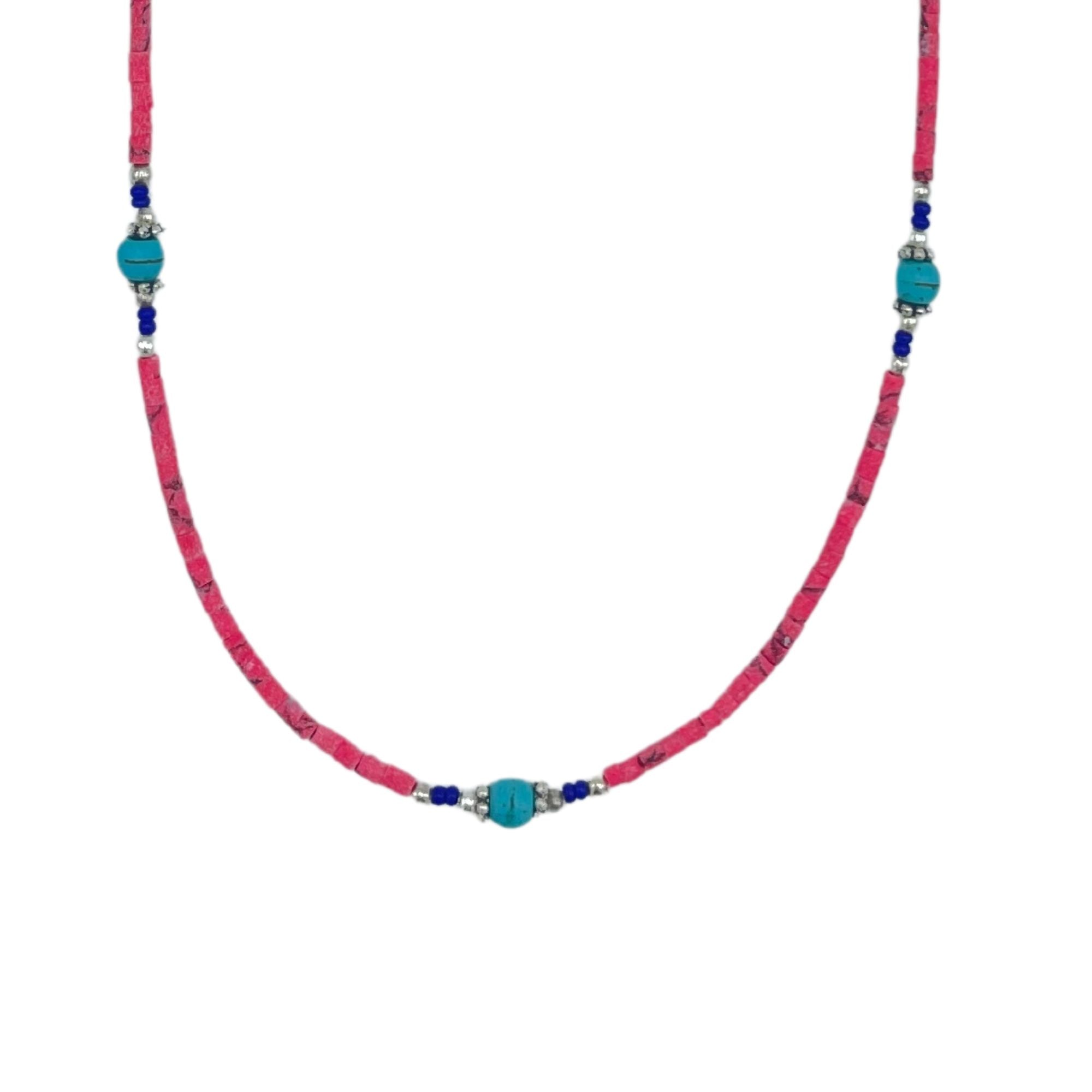 Collar nepalí de gemas extrafinas - Cuentas de coral rosa y turquesa