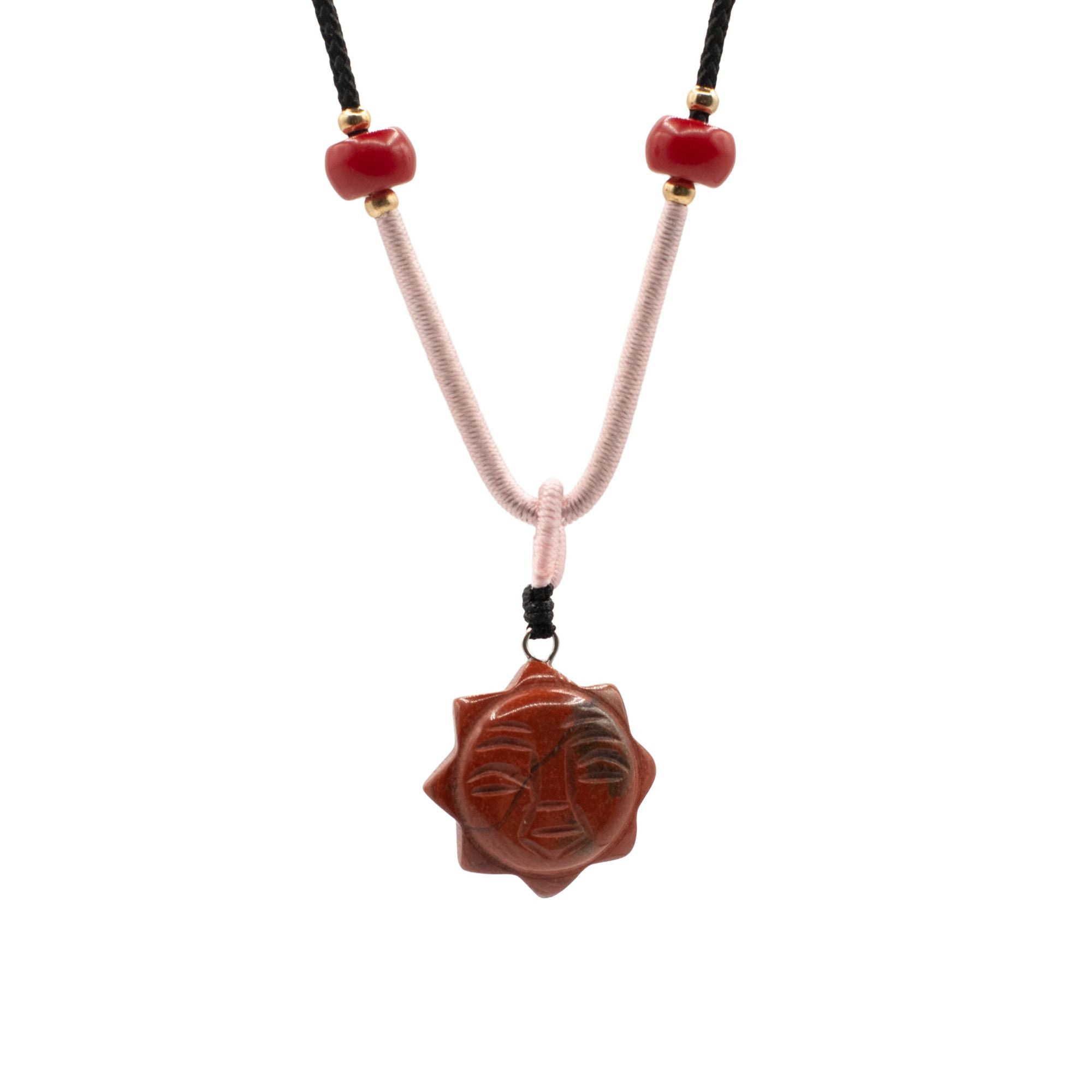 Colar com Cordão e Pendente de Pedra Preciosa - Cara do Sol em Cornalina