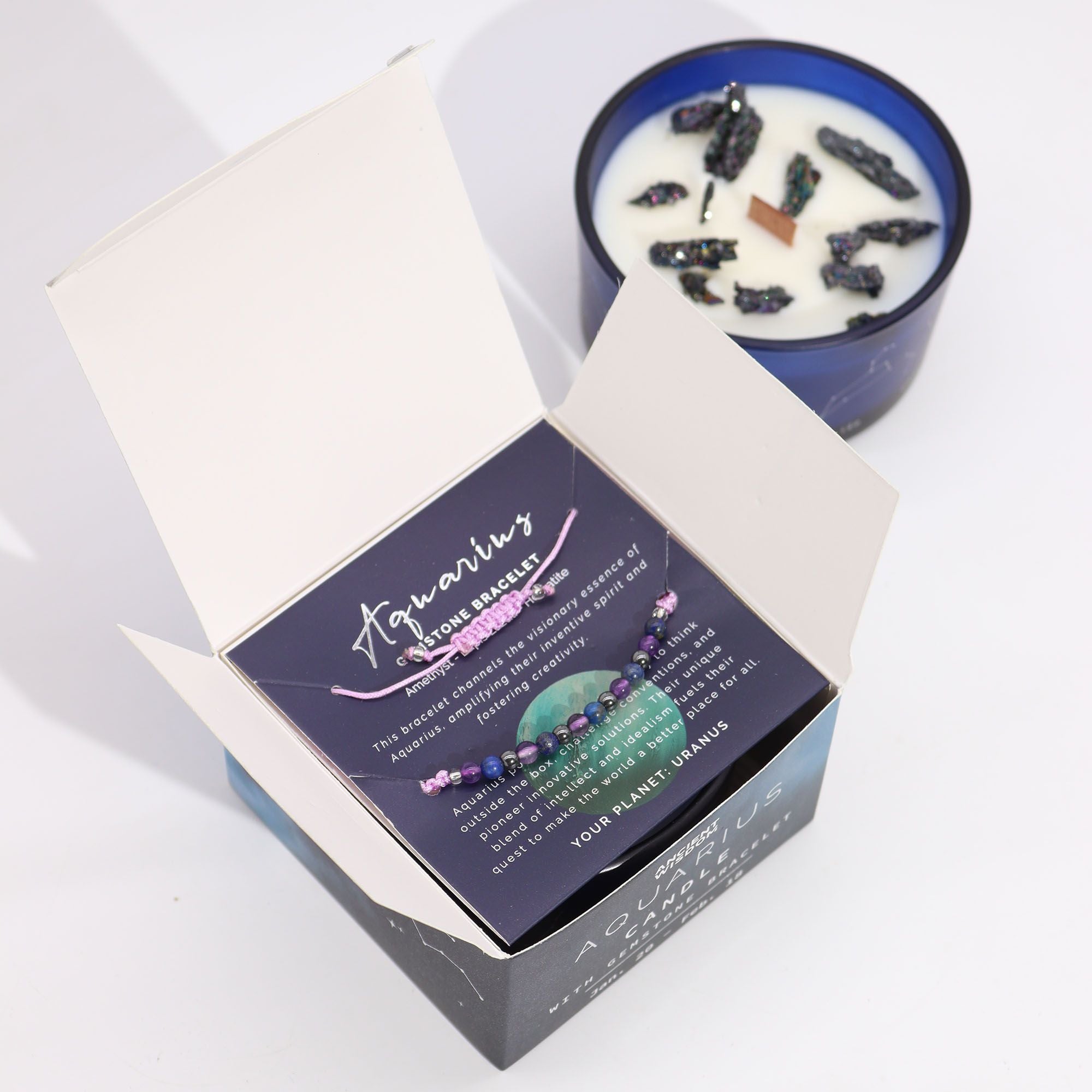 Vela de Cristal do Zodíaco com Pulseira de Pedras Naturais Aquário