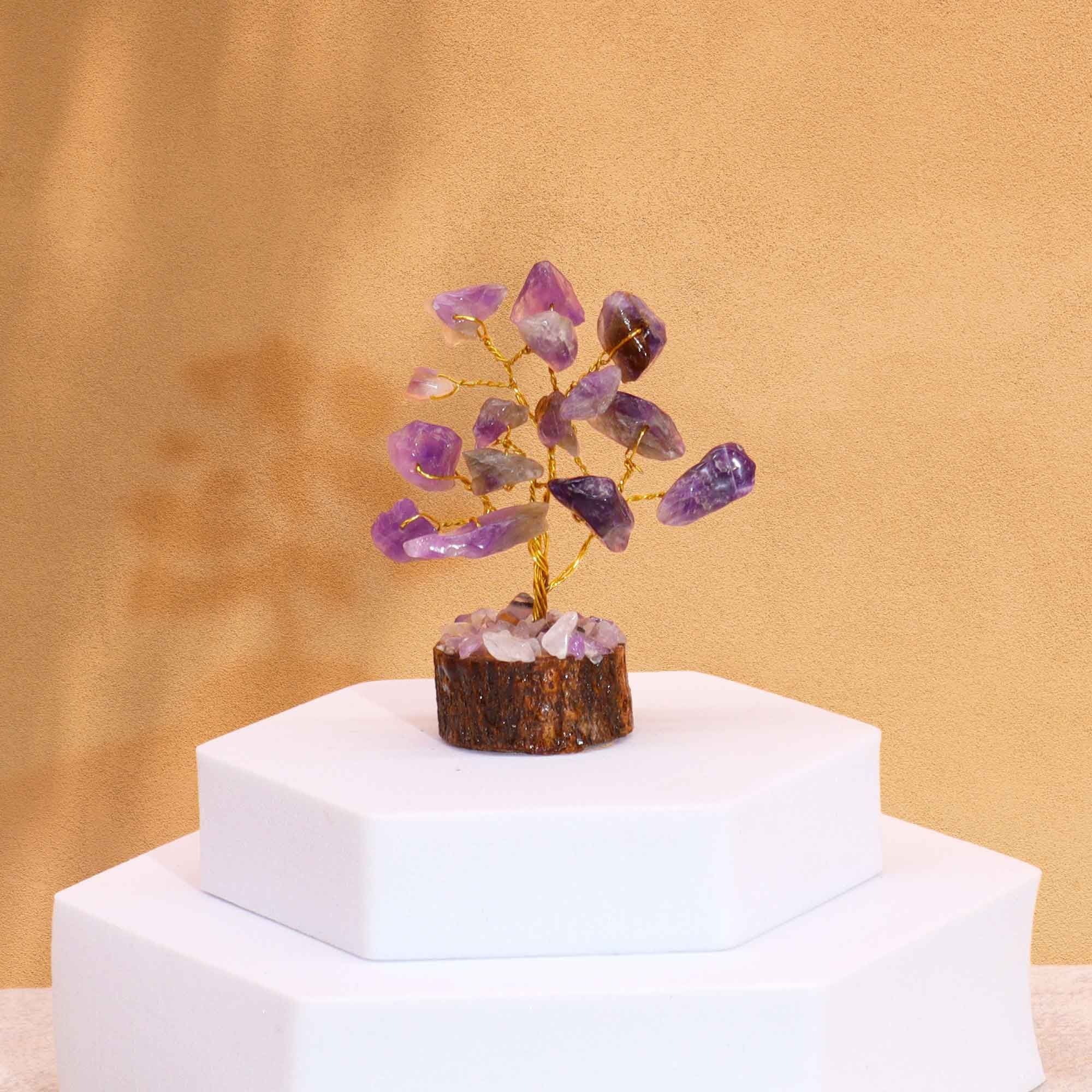 Mini Árbol de Piedras Naturales Base Madera Amatista (15 Piedras)