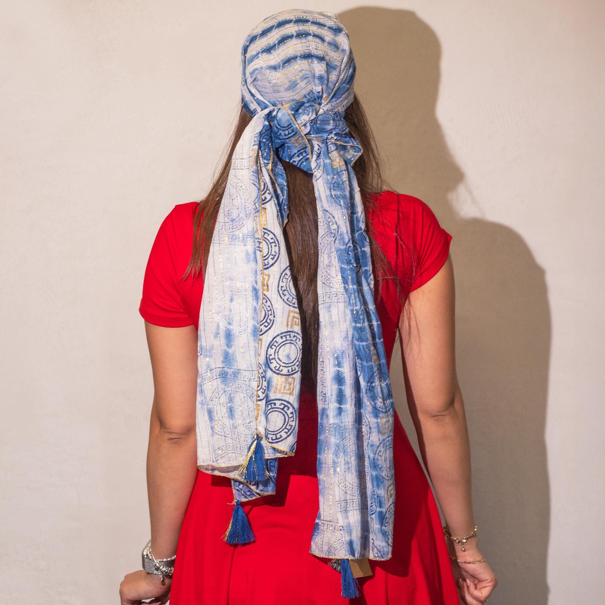 Écharpe Nomad Sari Marbella Verão - Azul e Dourado - 180x50 cm