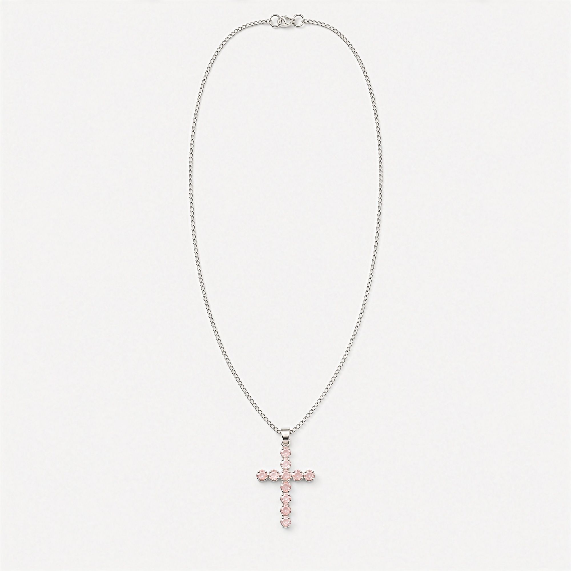 Pendente Devocional Banhado a Prata com Cordão de 45 cm - Crucifixo em Quartzo Rosa