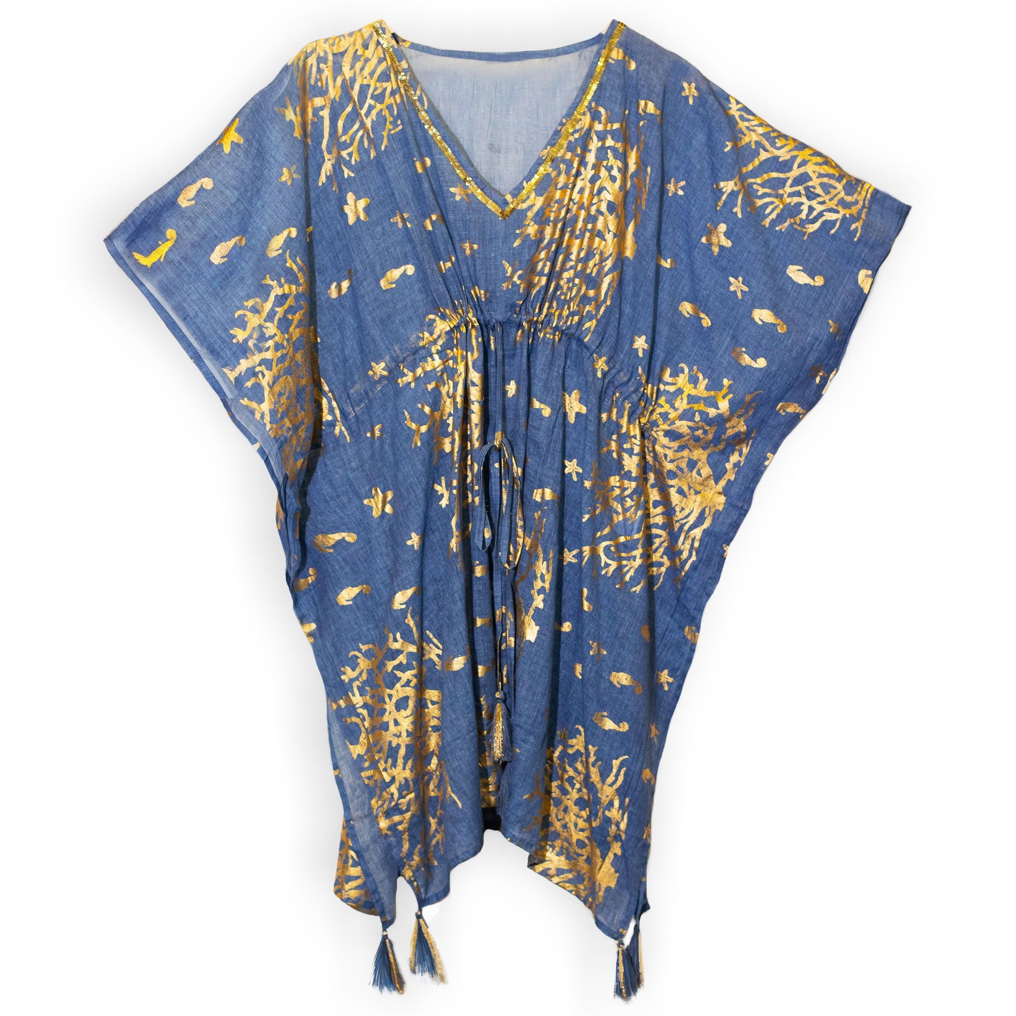 Kaftan Nomad Sari - Azul-Marinho com Coral Dourado