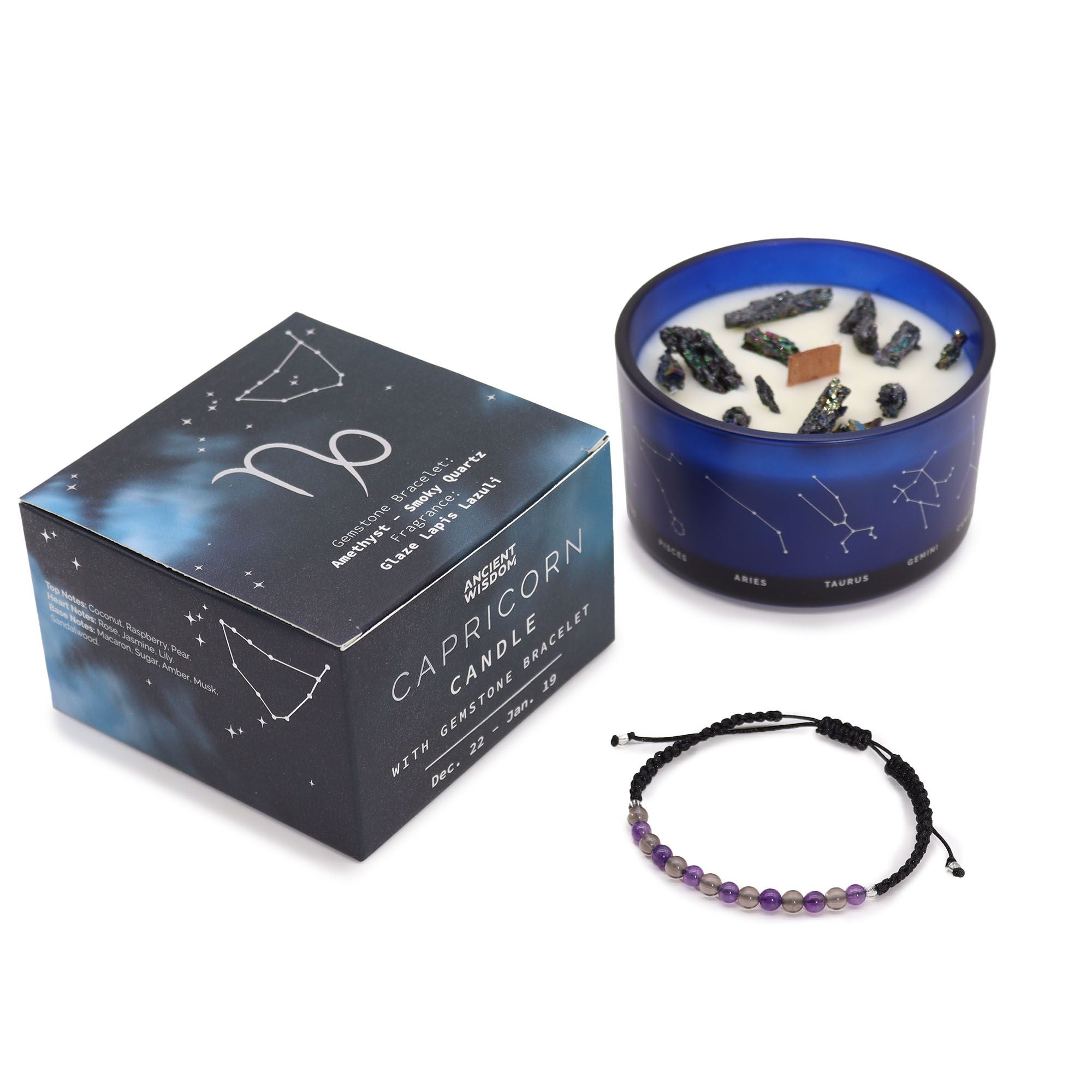Vela de Cristal do Zodíaco com Pulseira de Pedras Naturais Capricórnio