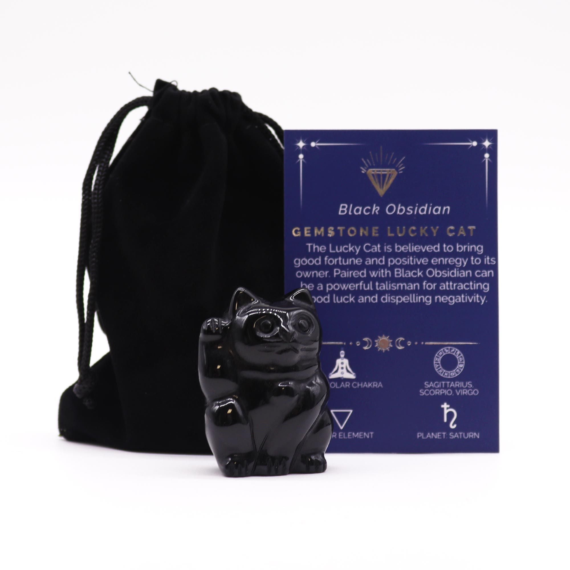 Gato da Sorte em Pedra Natural Obsidiana Negra (50x35x25mm)