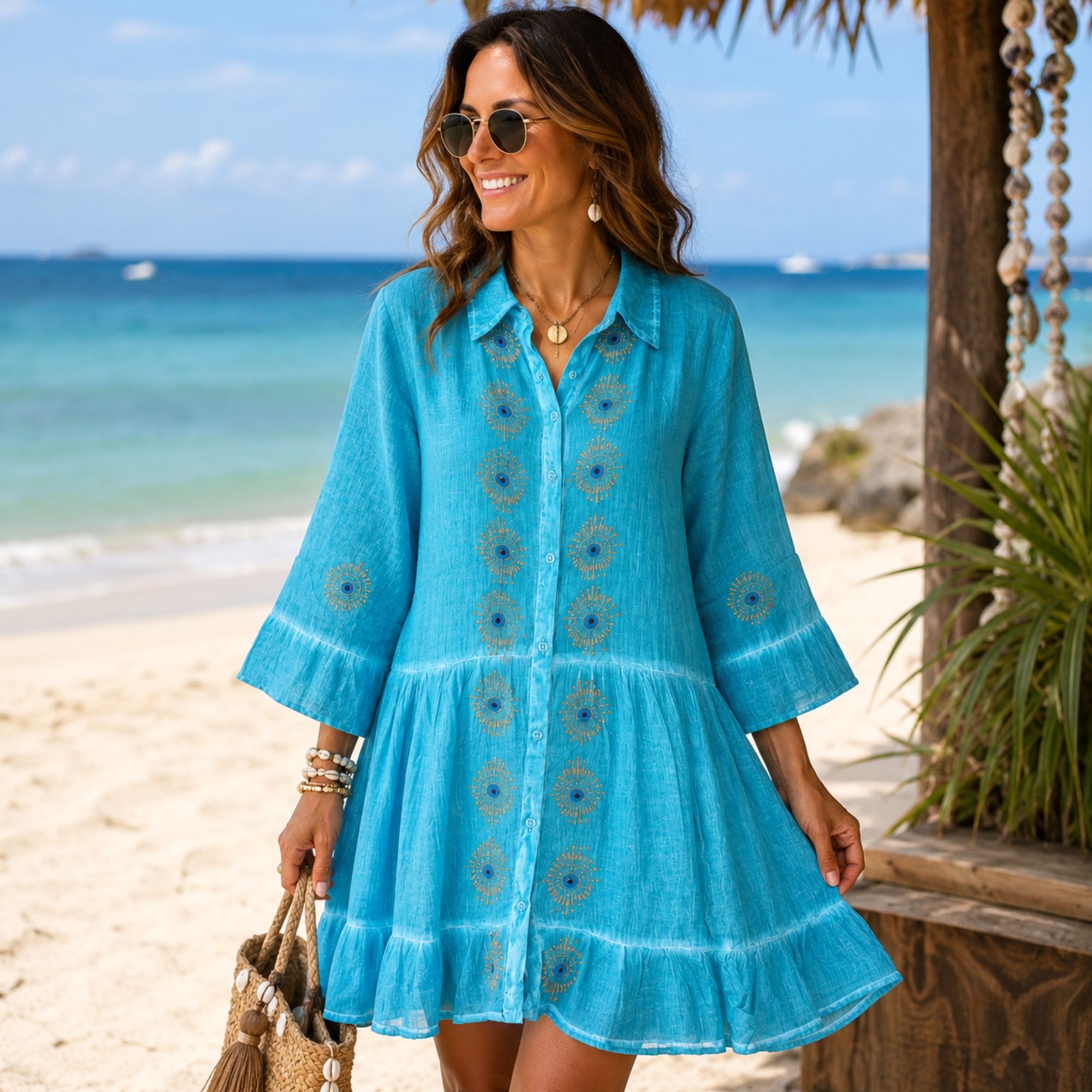 Vestido Nomad Sari Túnica Turquesa com Olho Grego