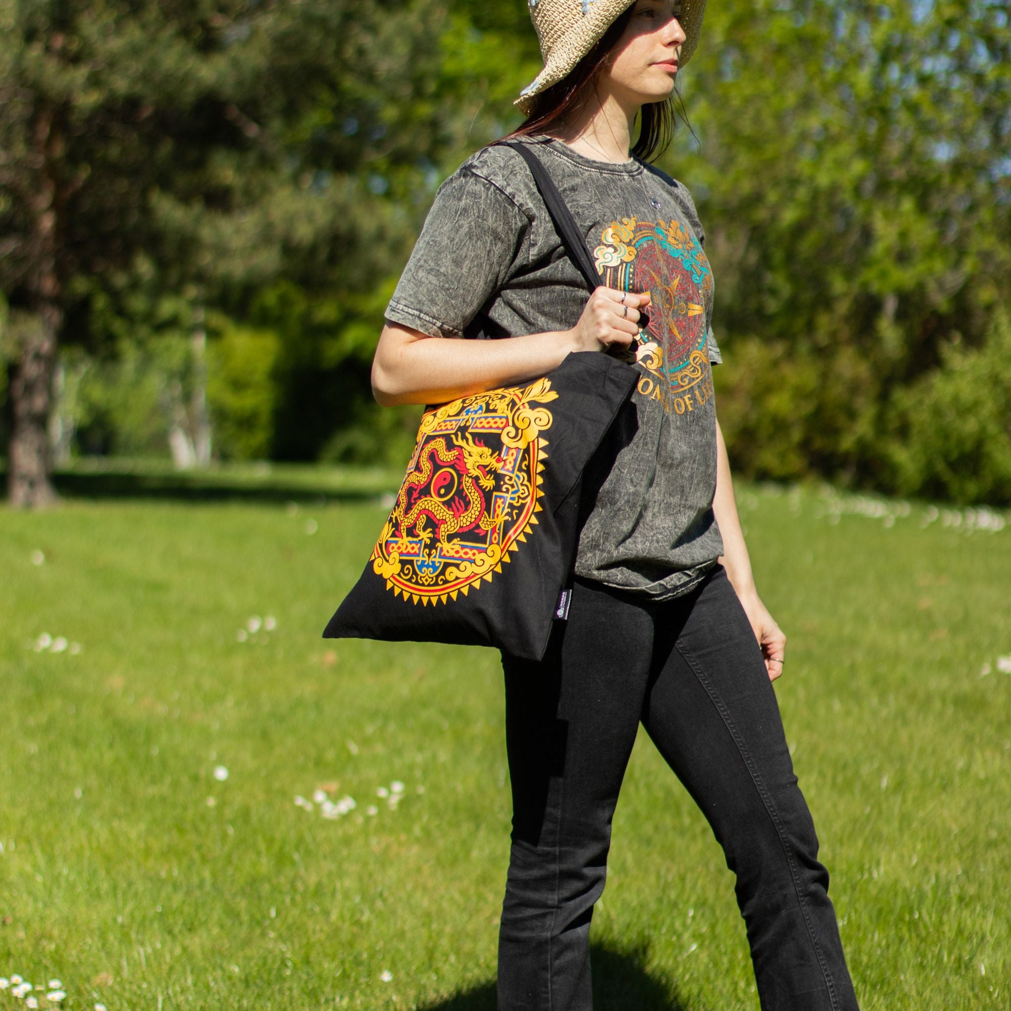 Bolsa Tote em Algodão Dragão Yin Yang Preto 40 x 36 cm