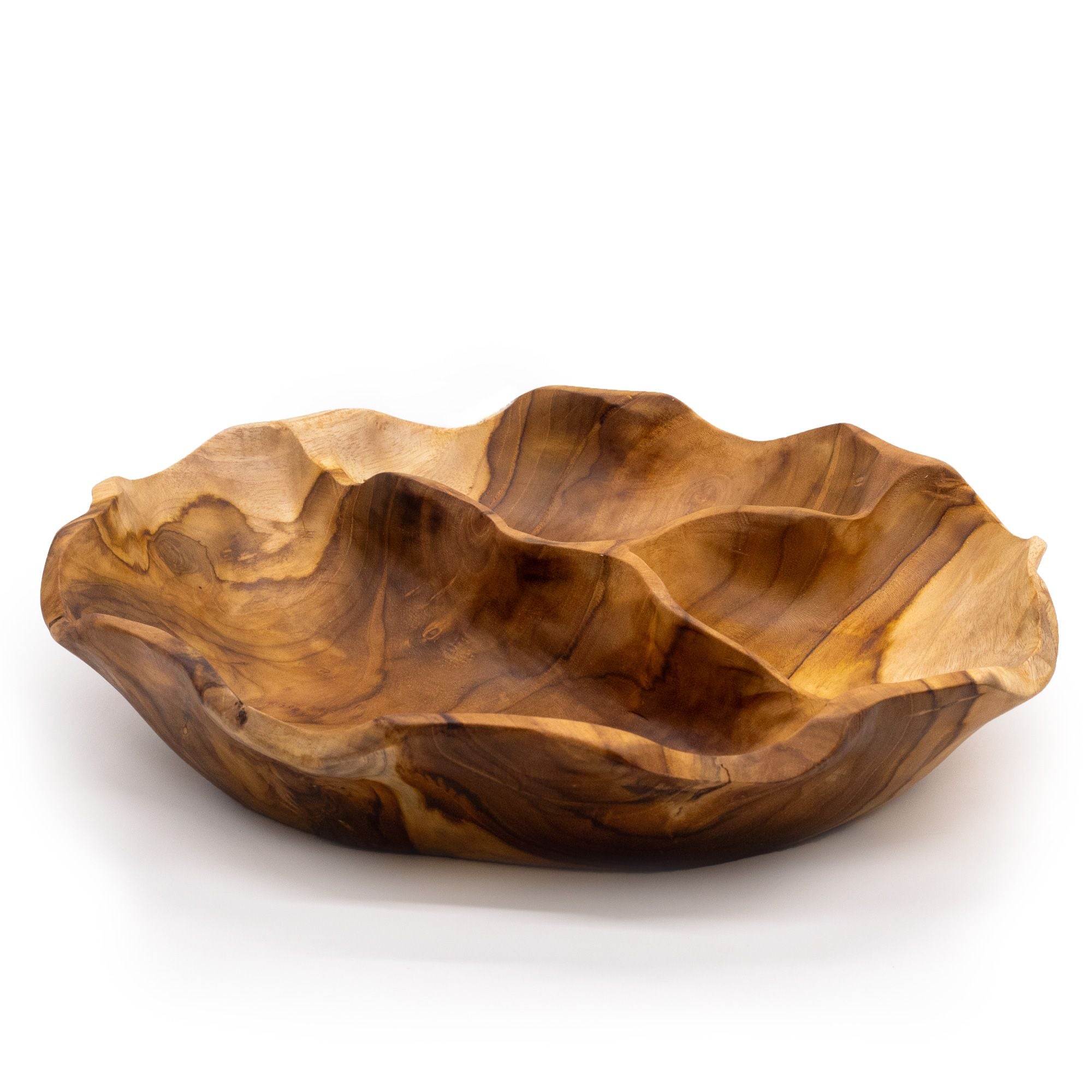 Frutero redondo liso de madera de teca con tres divisiones