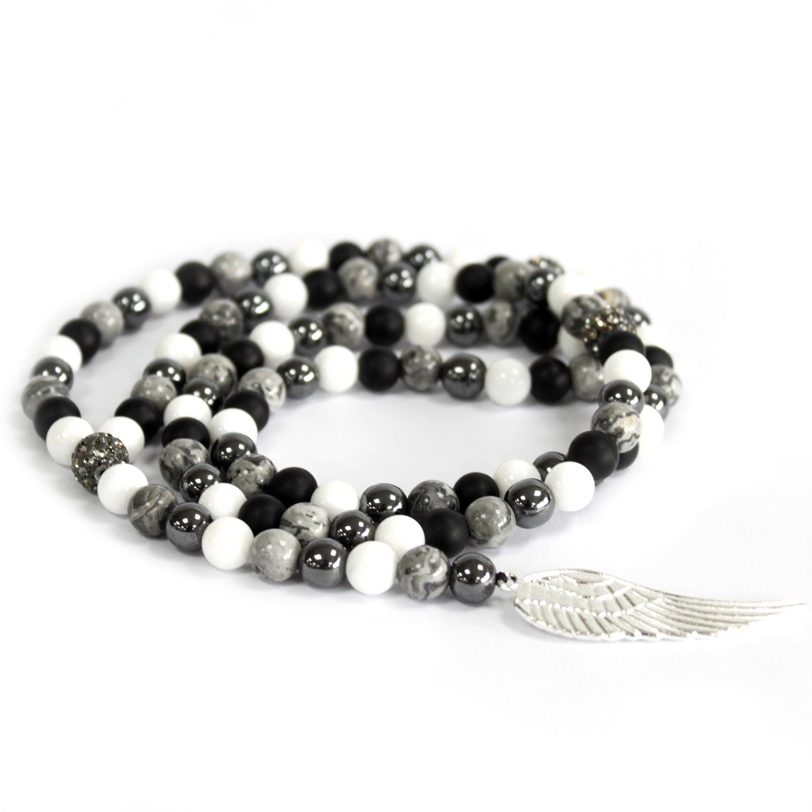 Grey Agate Necklace with Angel Wing Pendant