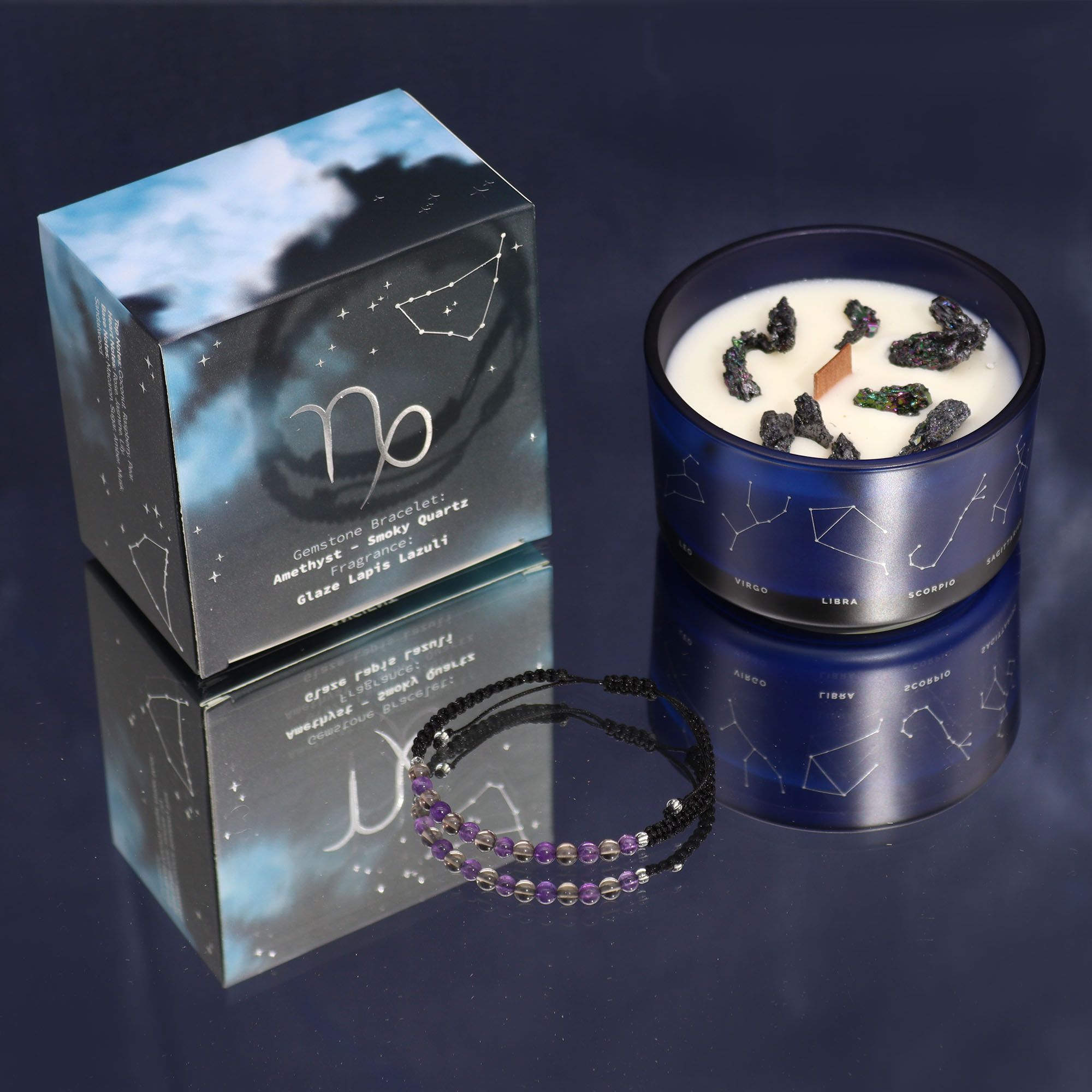 Vela de Cristal do Zodíaco com Pulseira de Pedras Naturais Capricórnio