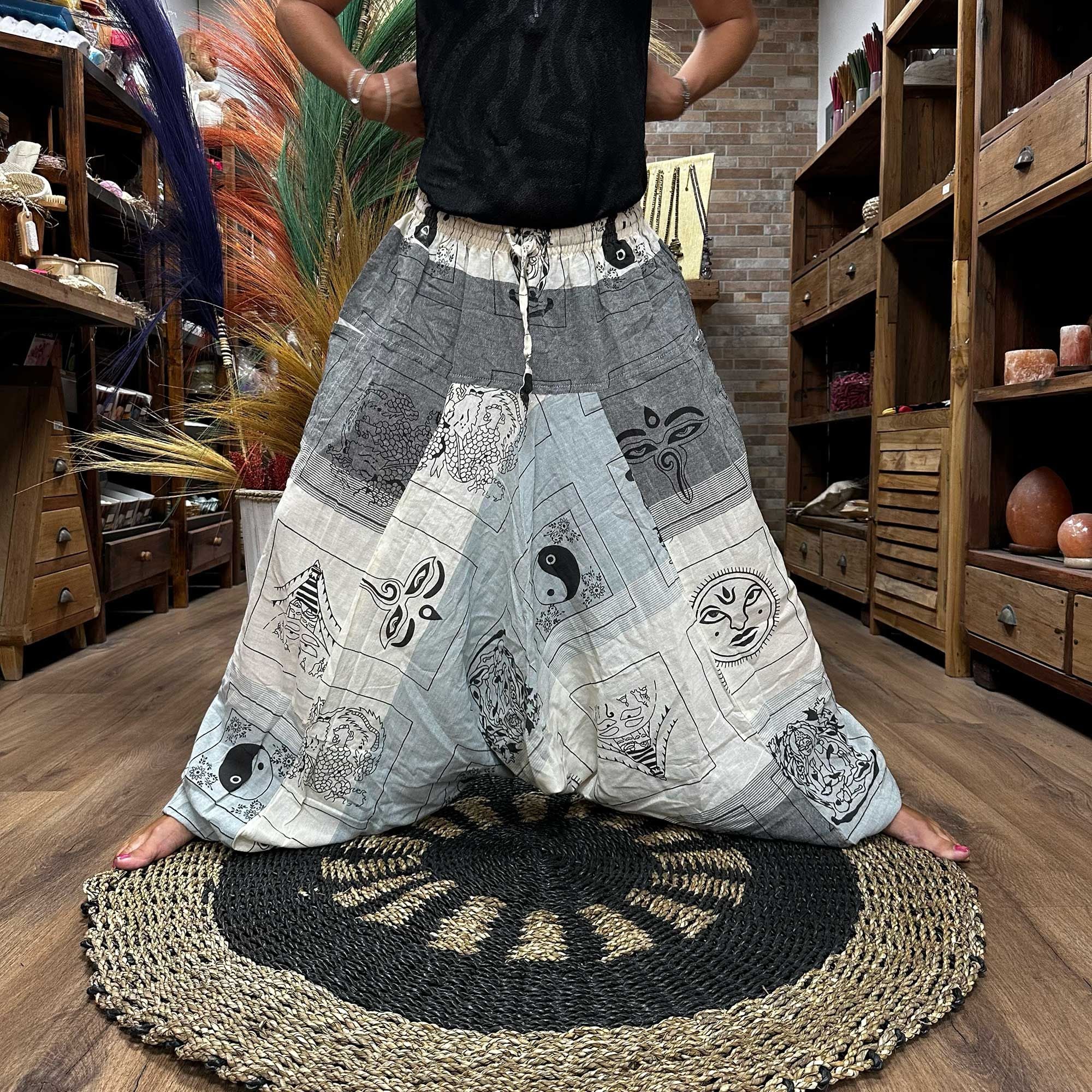 Pantalones de yoga y de festival - Estampado de Aladino del Himalaya en gris
