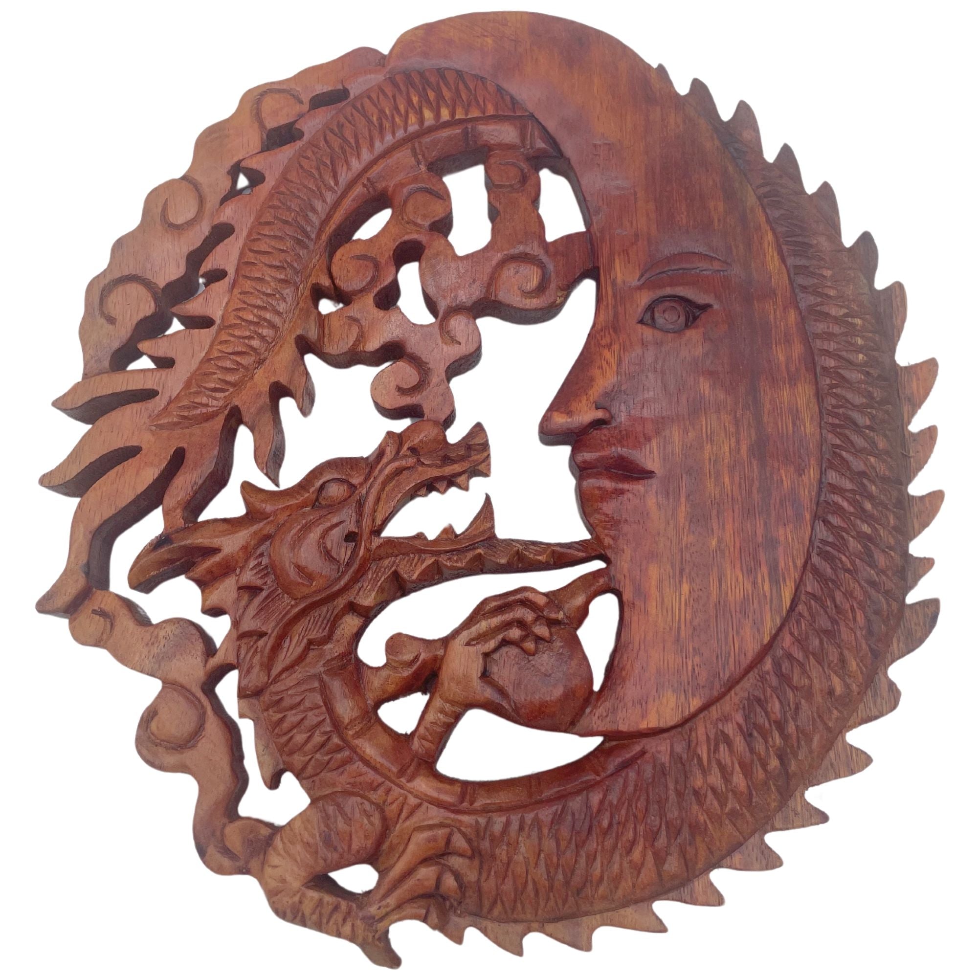 Panel de Madera Tallada Luna y Dragón