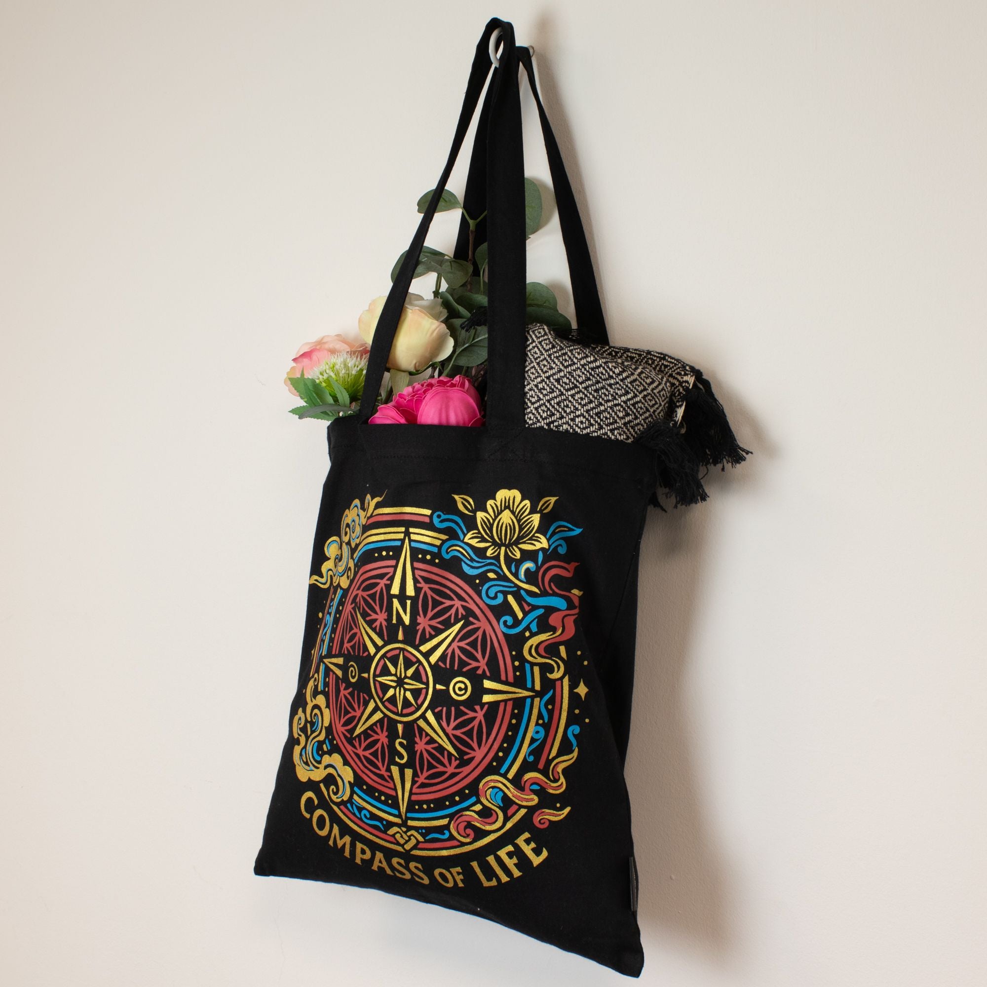 Bolsa Tote em Algodão Bússola da Vida Preto 40 x 36 cm