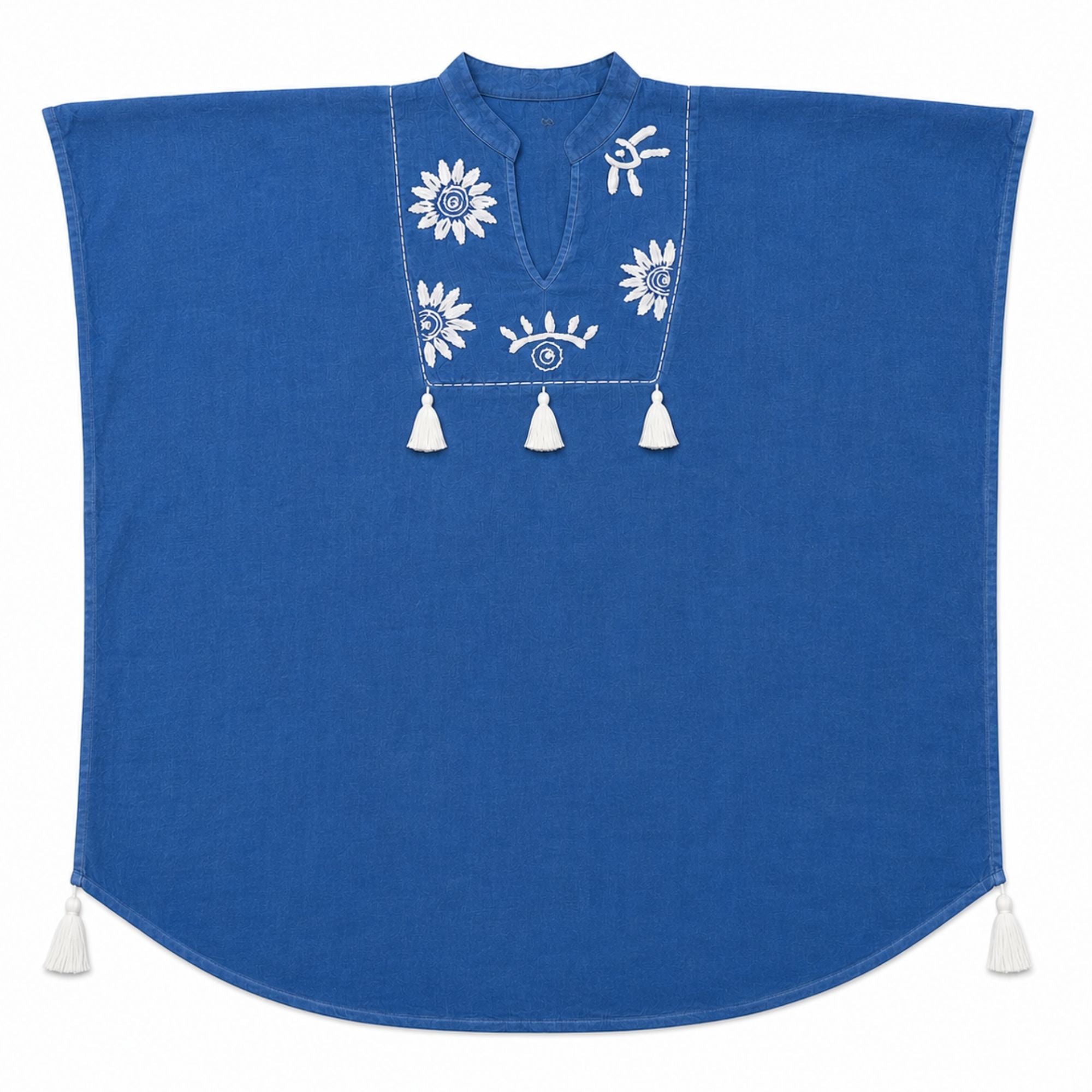 Kaftan Nomad Sari - Azul com Detalhes Creme e Borlas