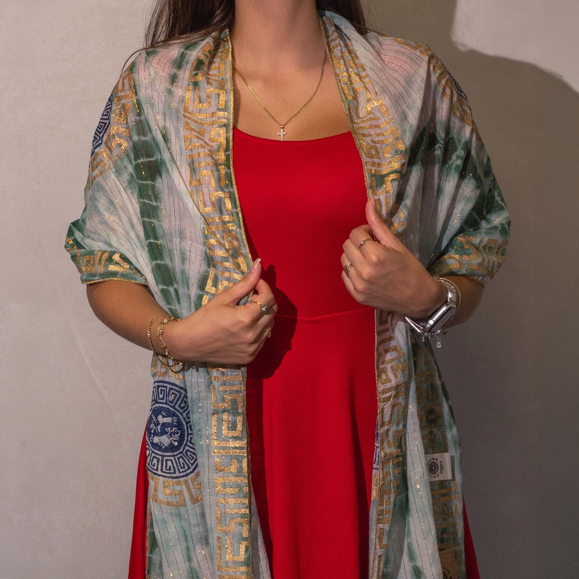 Lenço Nomad Sari Marbella Verão - Verde e Dourado - 180x50 cm
