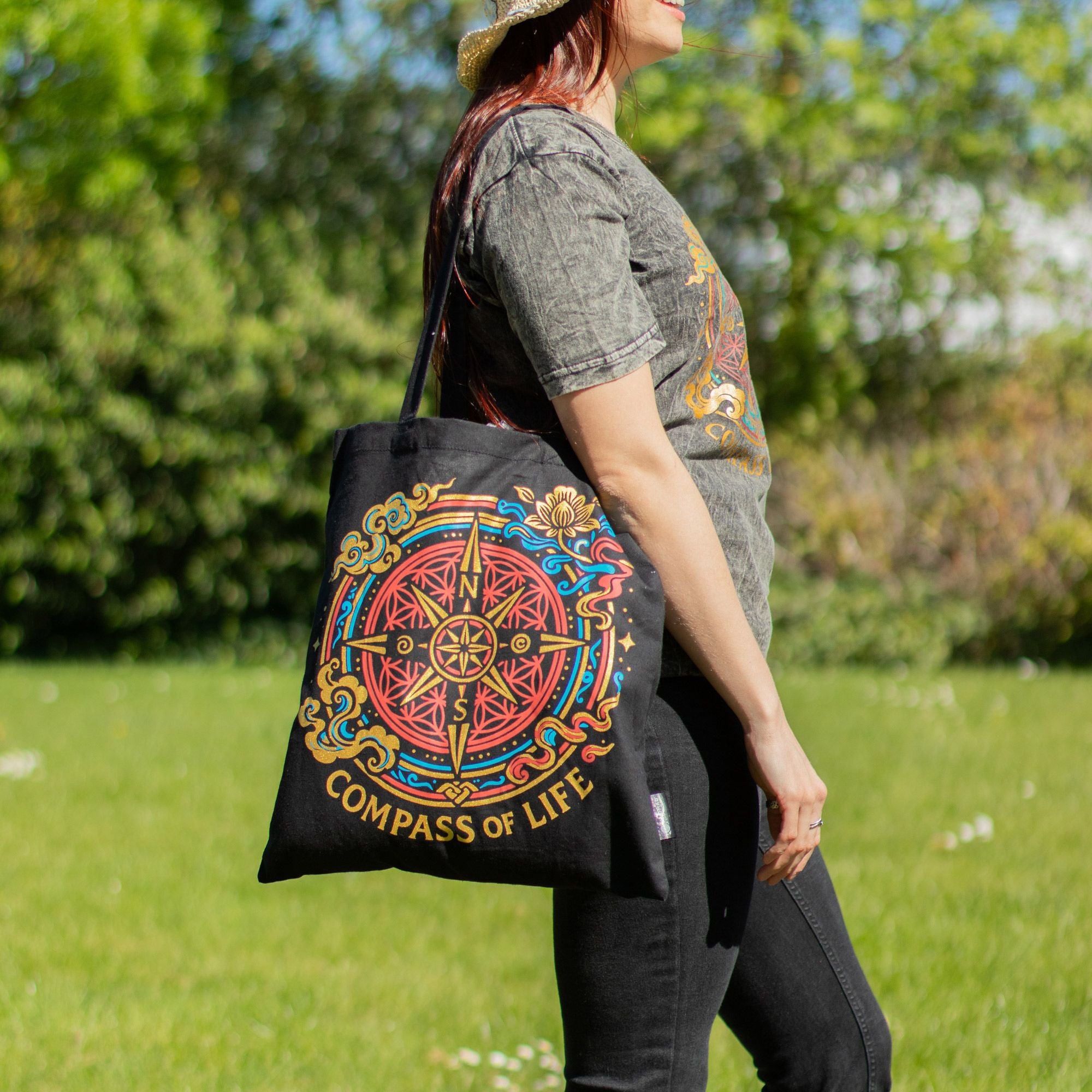 Bolsa Tote em Algodão Bússola da Vida Preto 40 x 36 cm