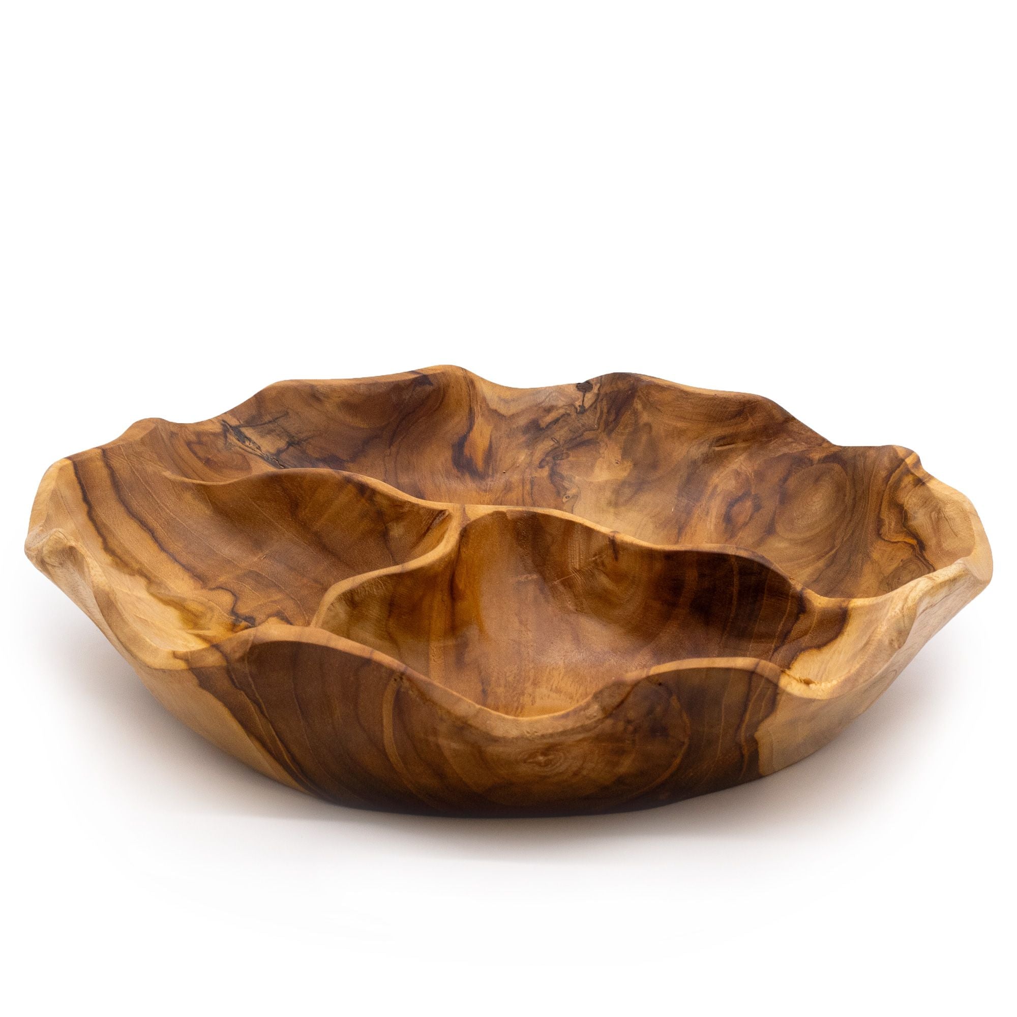 Frutero redondo liso de madera de teca con tres divisiones