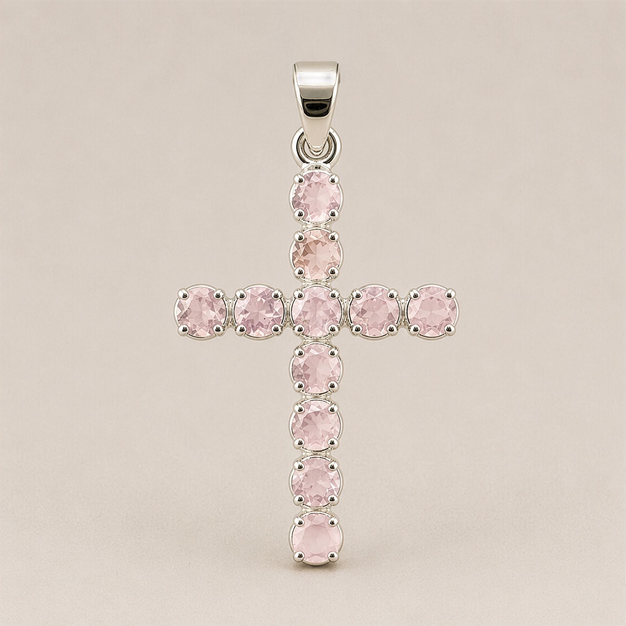 Pendente Devocional Banhado a Prata com Cordão de 45 cm - Crucifixo em Quartzo Rosa