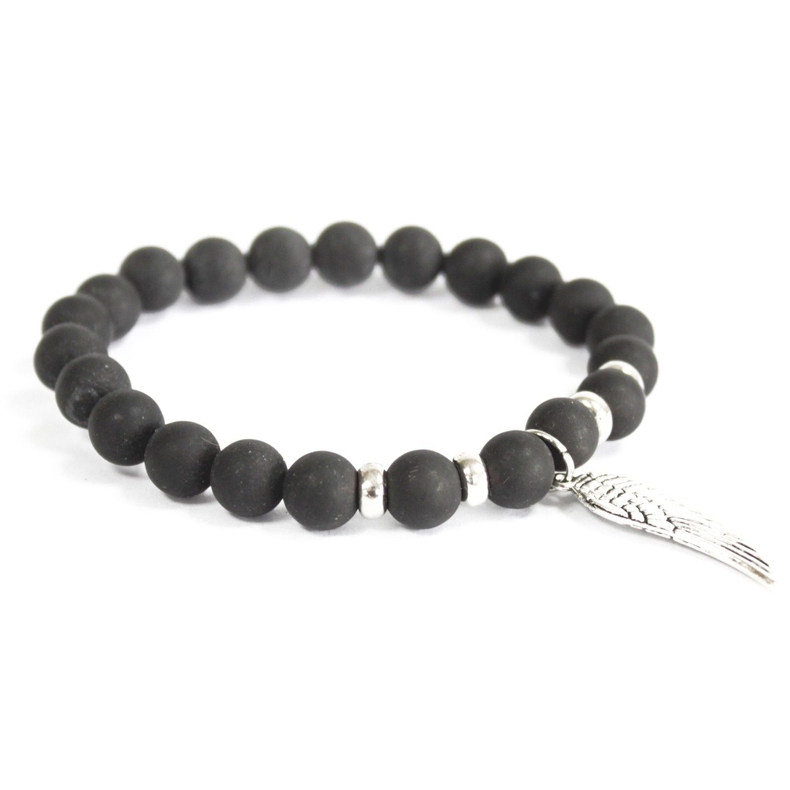 Black Agate Bracelet with Angel Wing Pendant