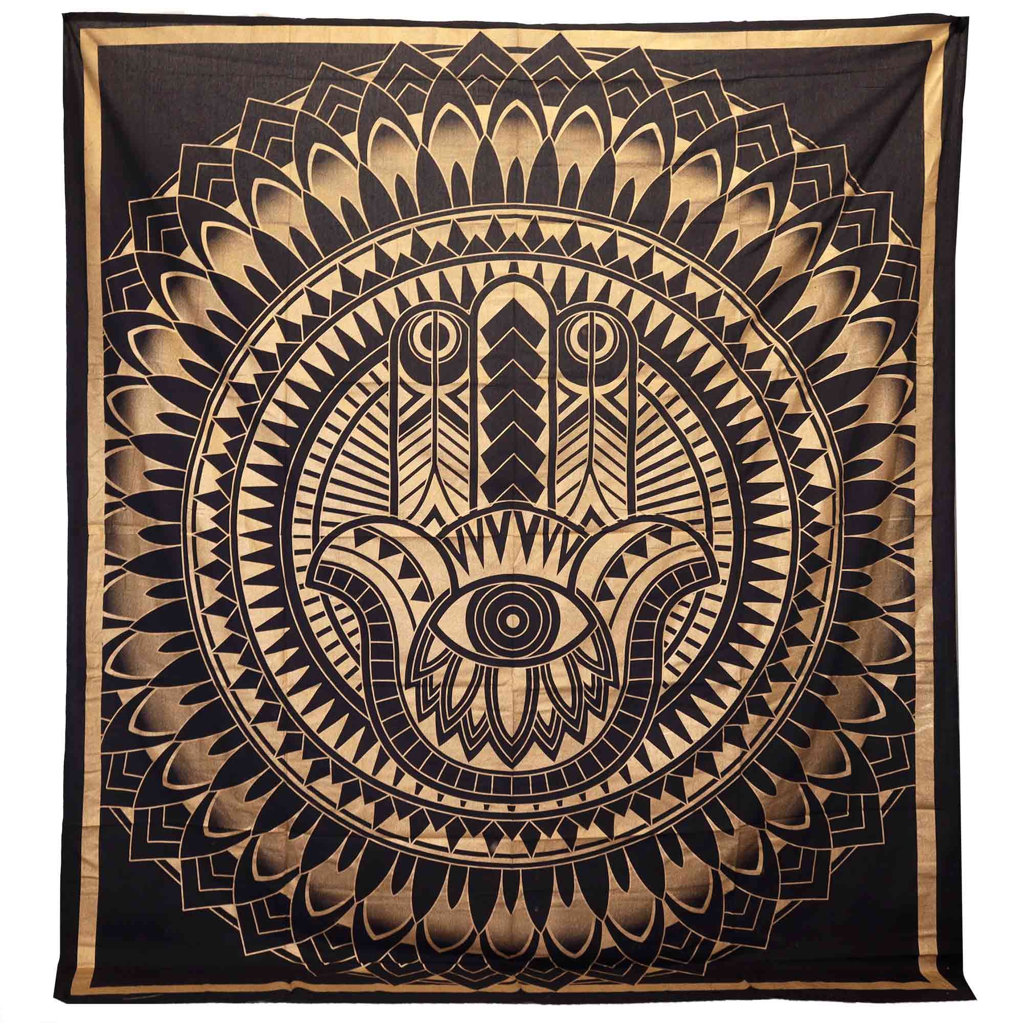 Colcha de Algodão Dupla com Tapeçaria de Parede Hamsa Preto e Dourado