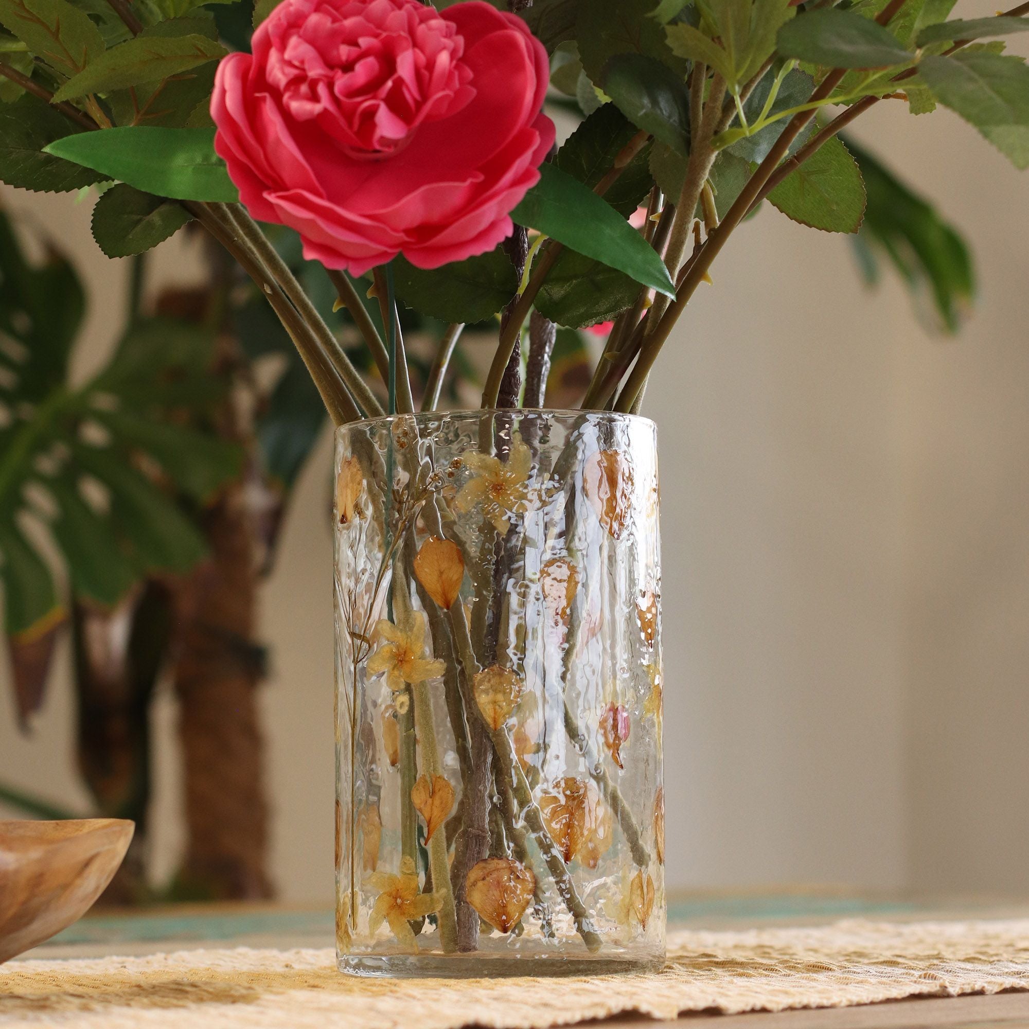 Vela de cristal de florero alto floral natural - Rosa (19x11 cm)