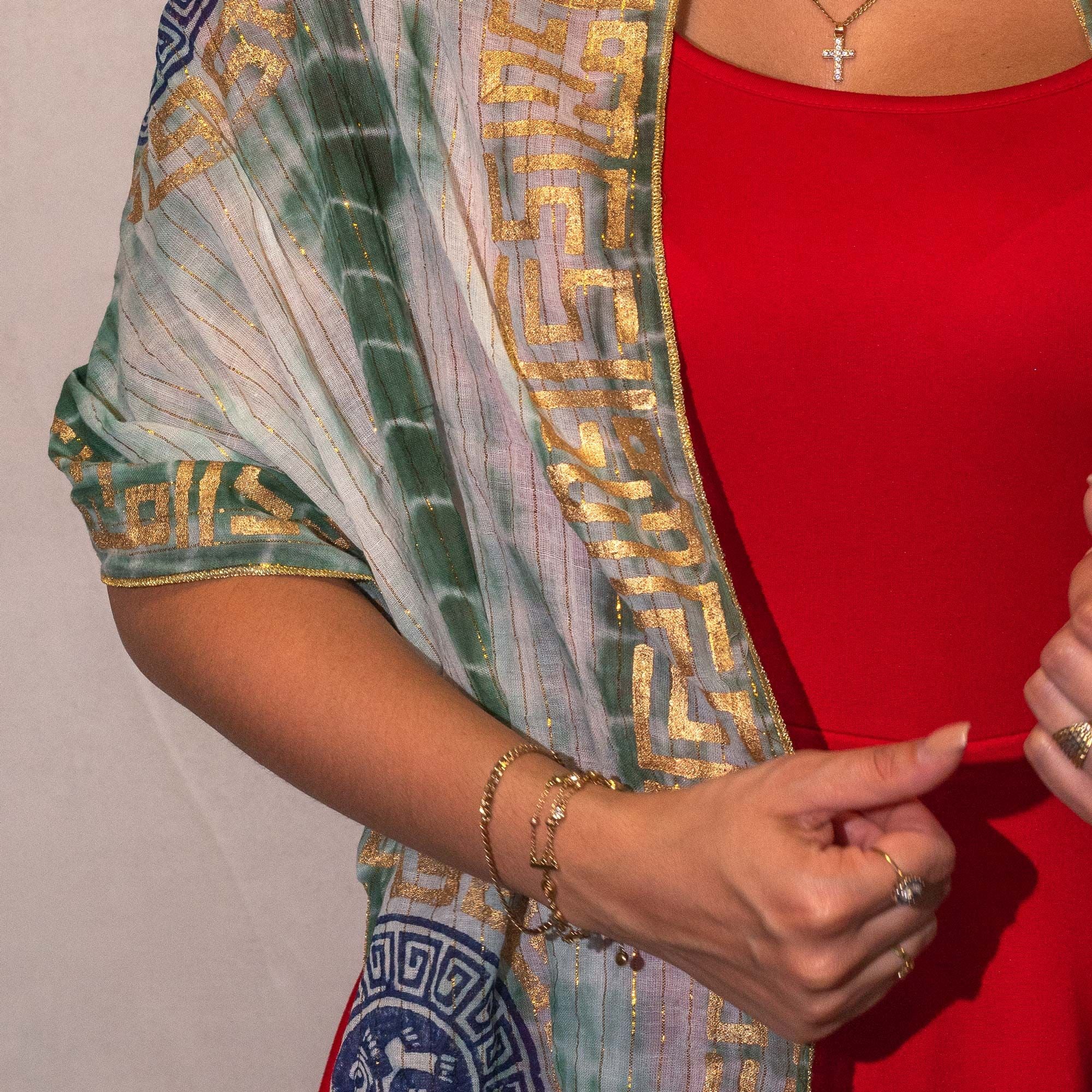 Lenço Nomad Sari Marbella Verão - Verde e Dourado - 180x50 cm