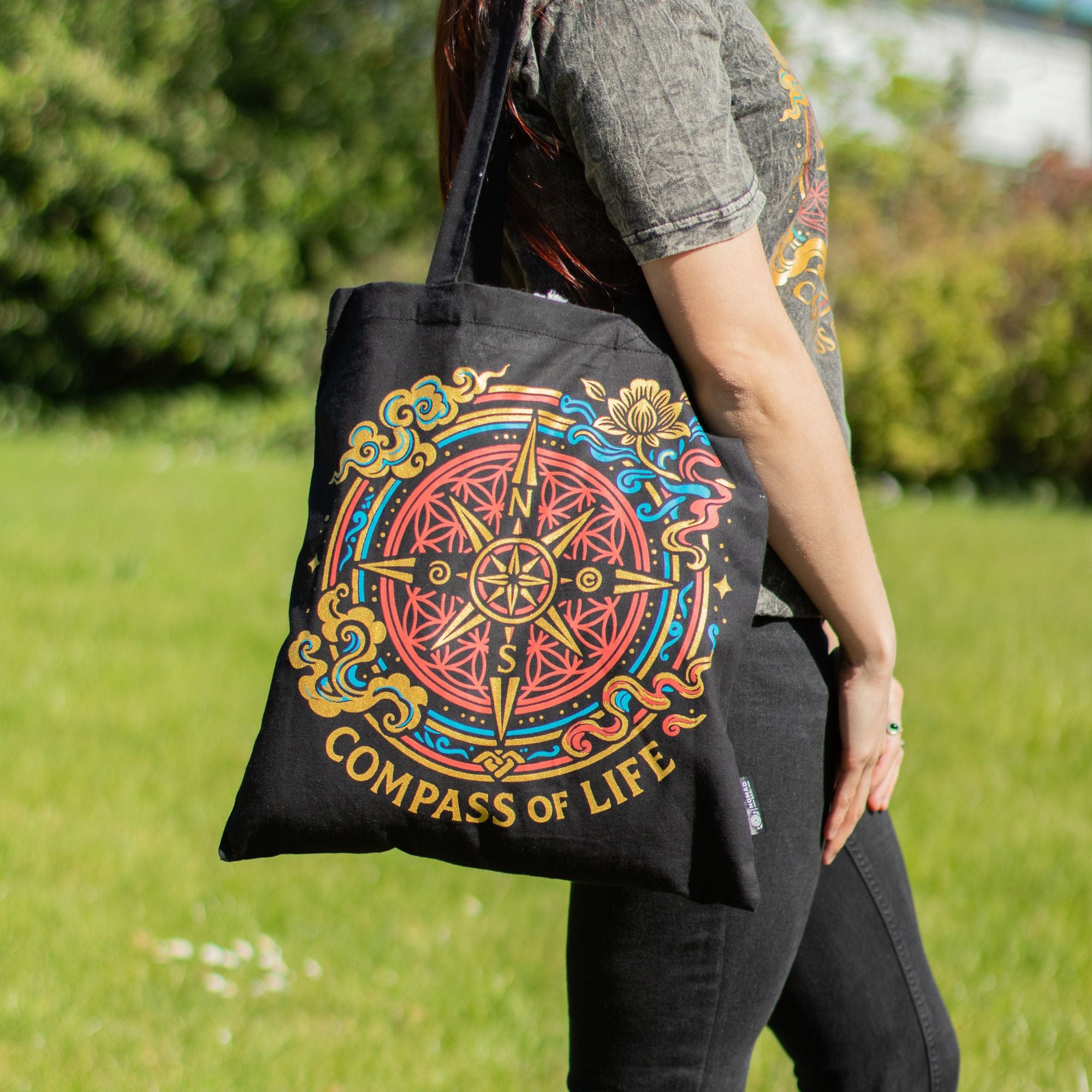Bolsa Tote em Algodão Bússola da Vida Preto 40 x 36 cm