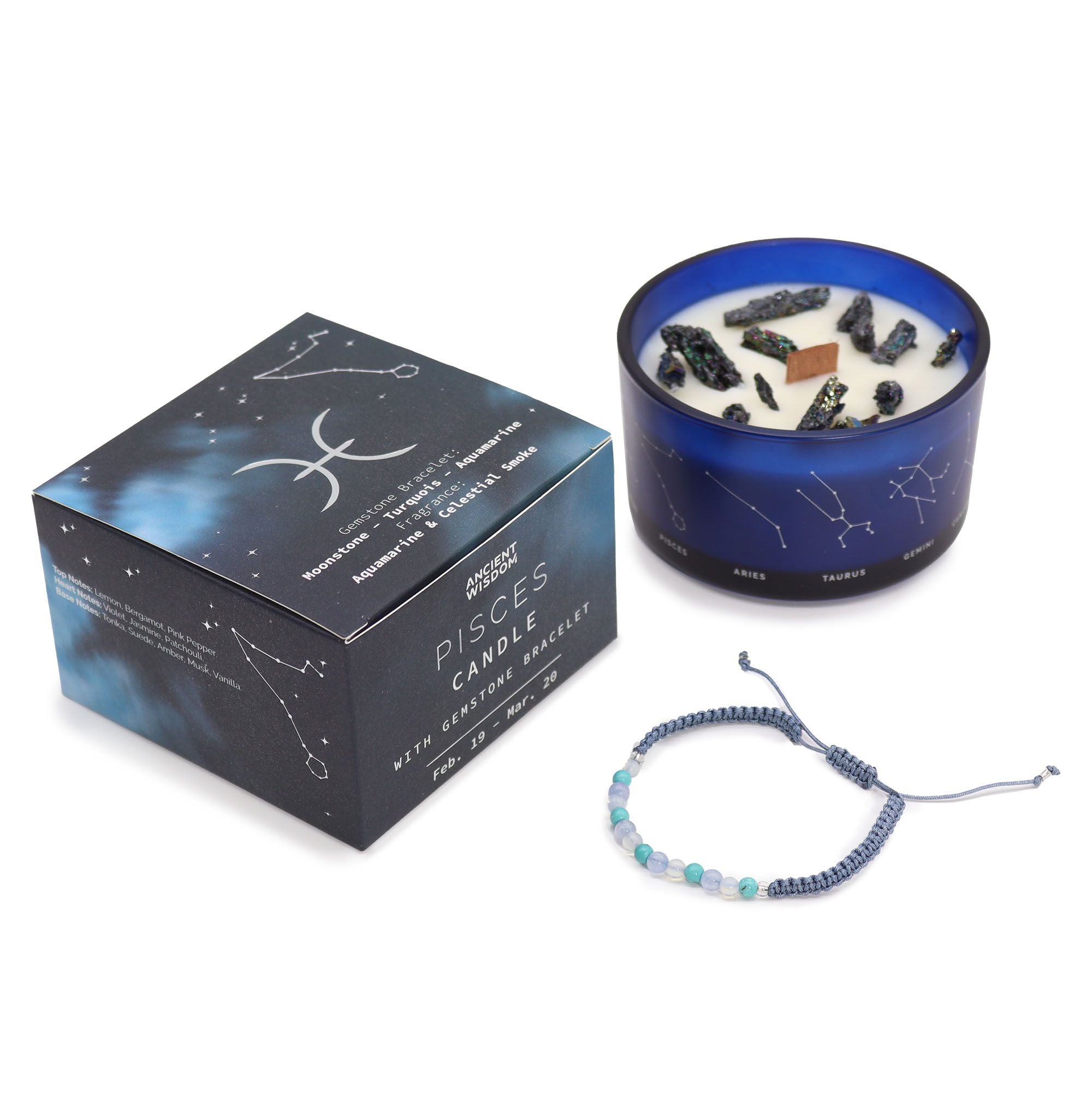Vela de Cristal do Zodíaco com Pulseira de Pedras Naturais Peixes