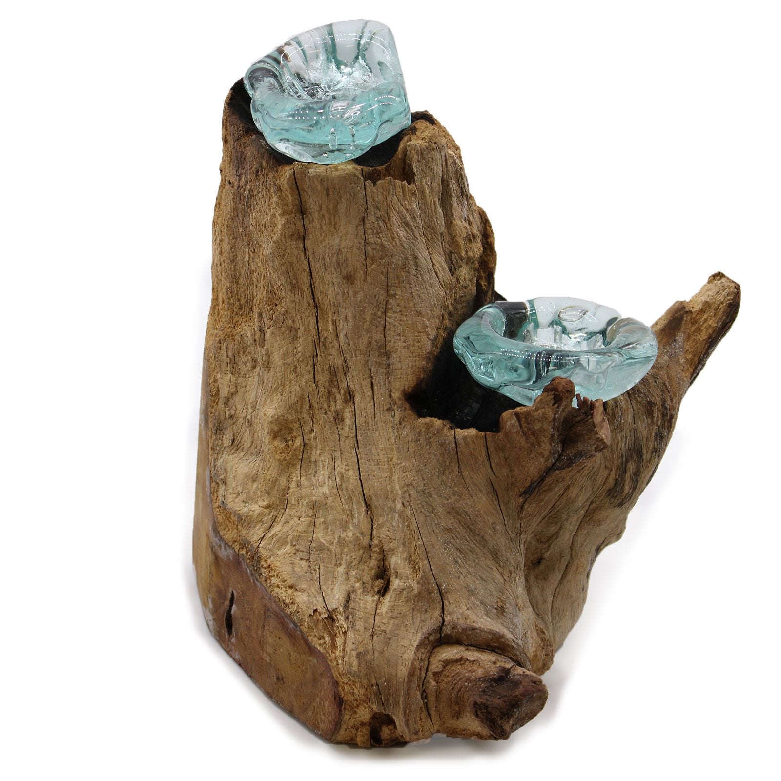 Candelabro doble de cristal fundido sobre madera