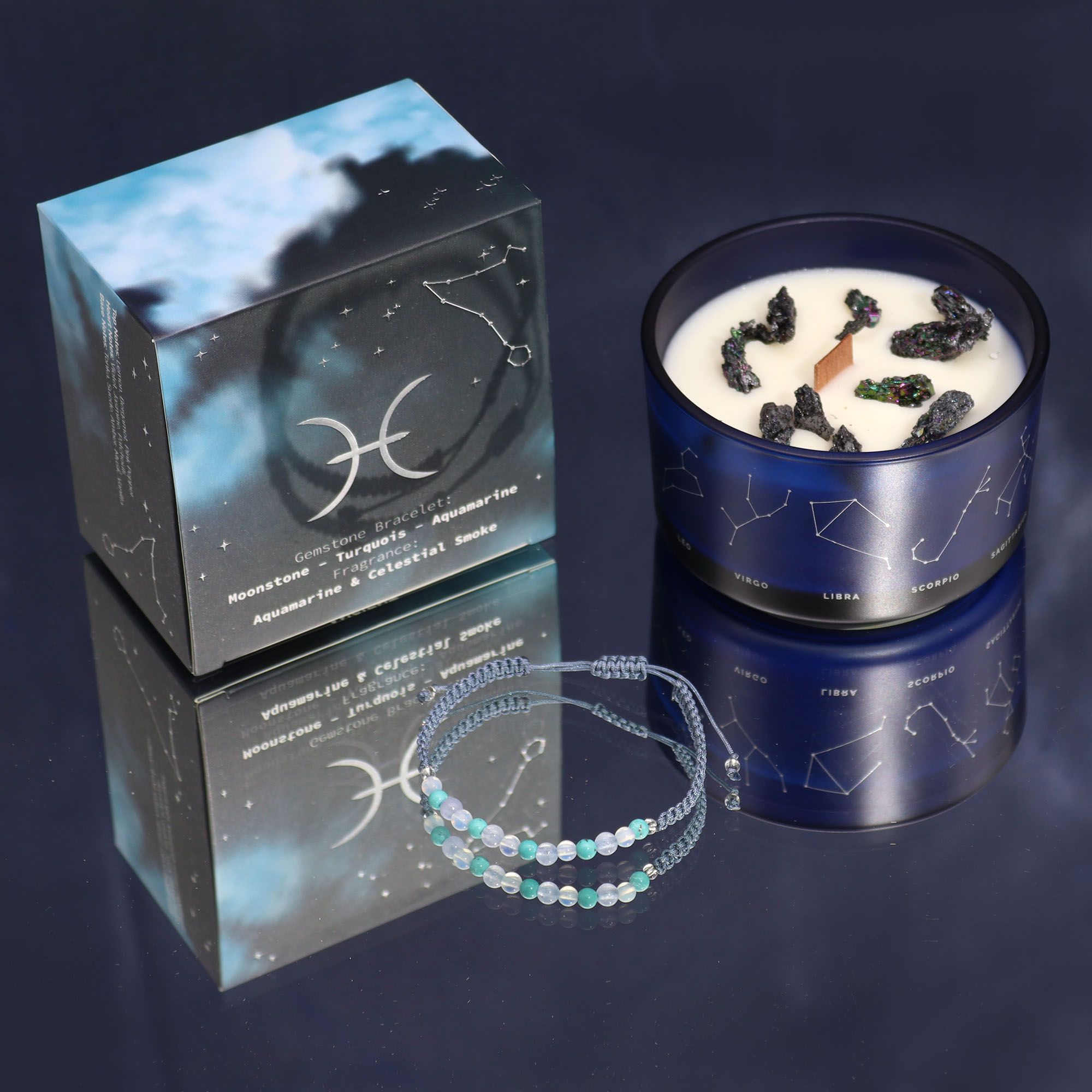 Vela de Cristal do Zodíaco com Pulseira de Pedras Naturais Peixes