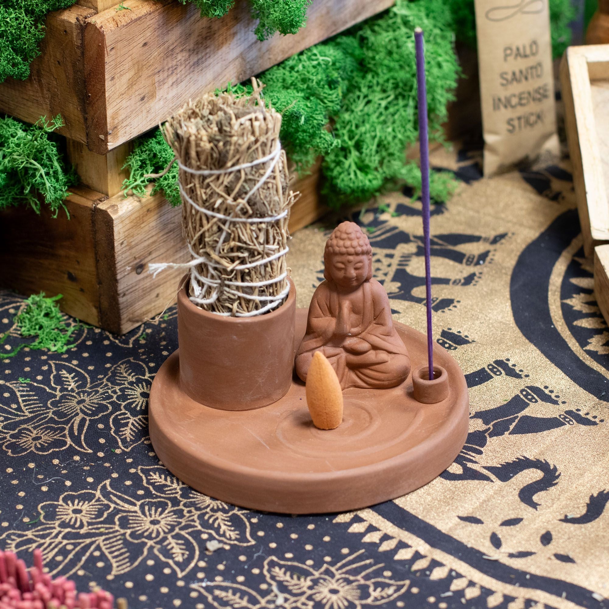 Prato de Incenso Buda Multifunções Estilo Terracota Natural