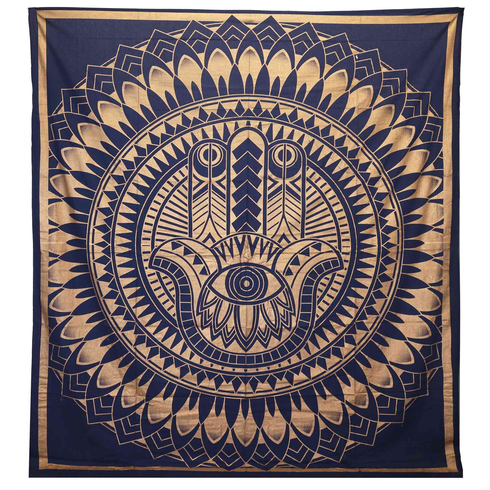 Colcha de Algodão Dupla com Tapeçaria de Parede Hamsa Azul e Dourado
