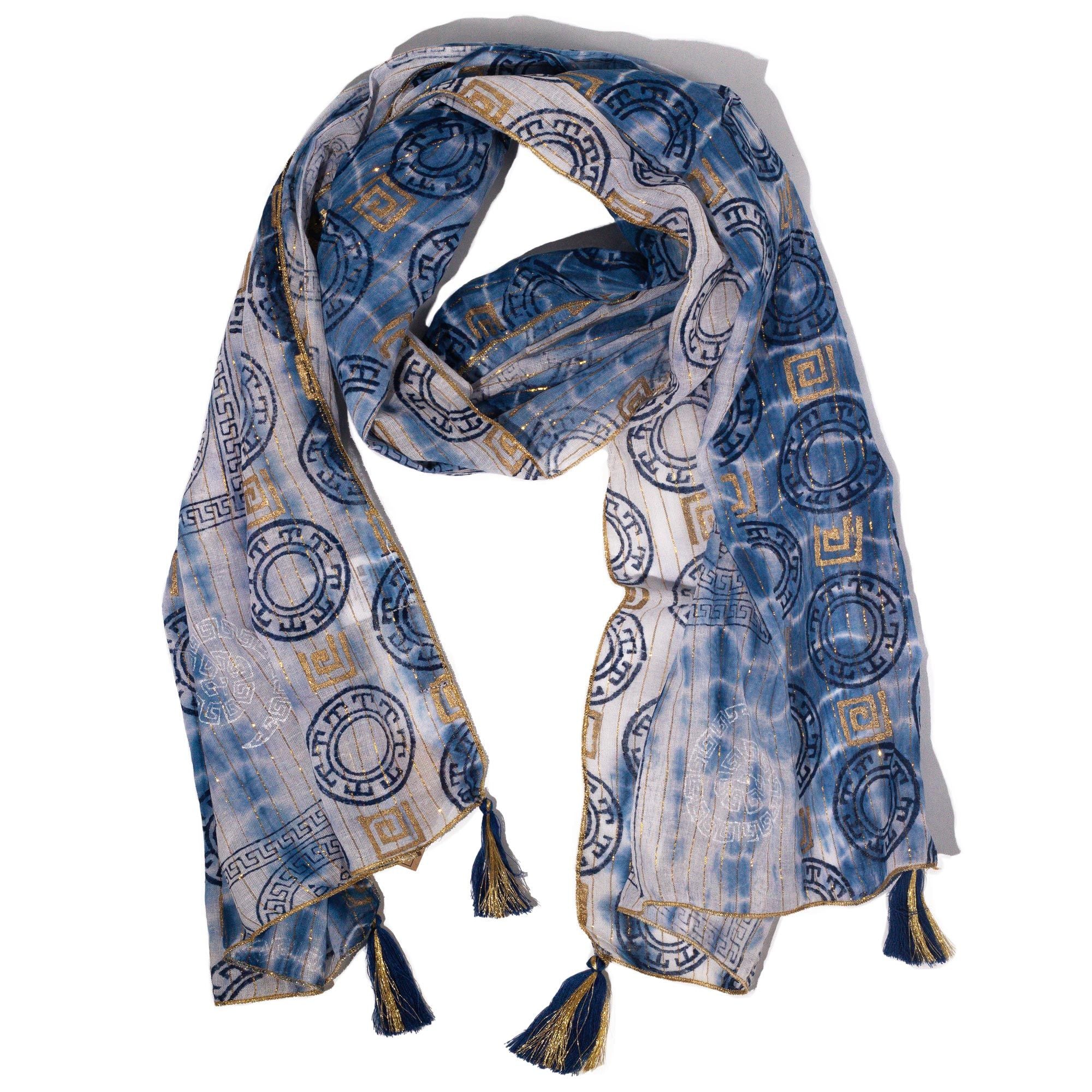 Écharpe Nomad Sari Marbella Verão - Azul e Dourado - 180x50 cm