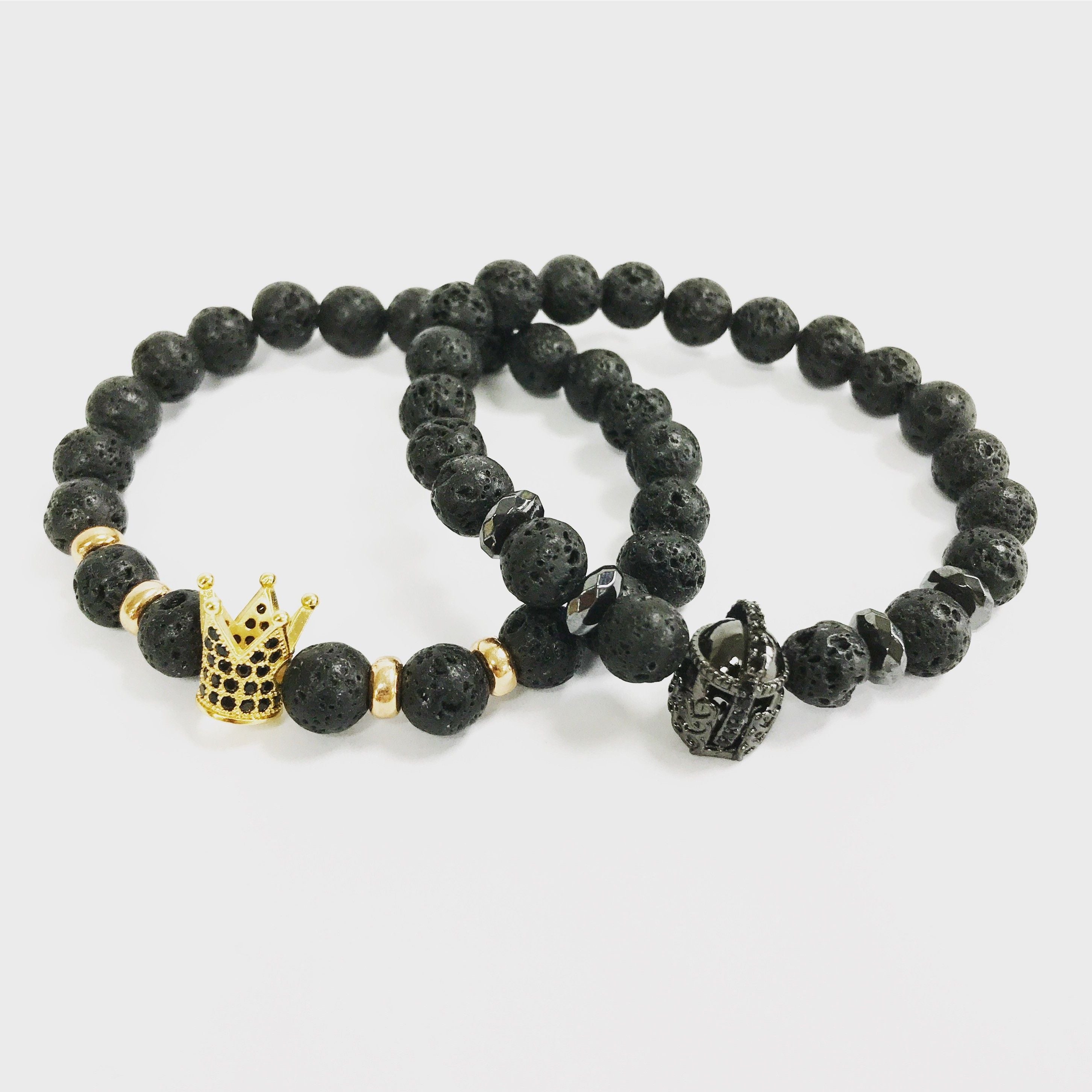 Black Agate Bracelet with Crystal Crown
