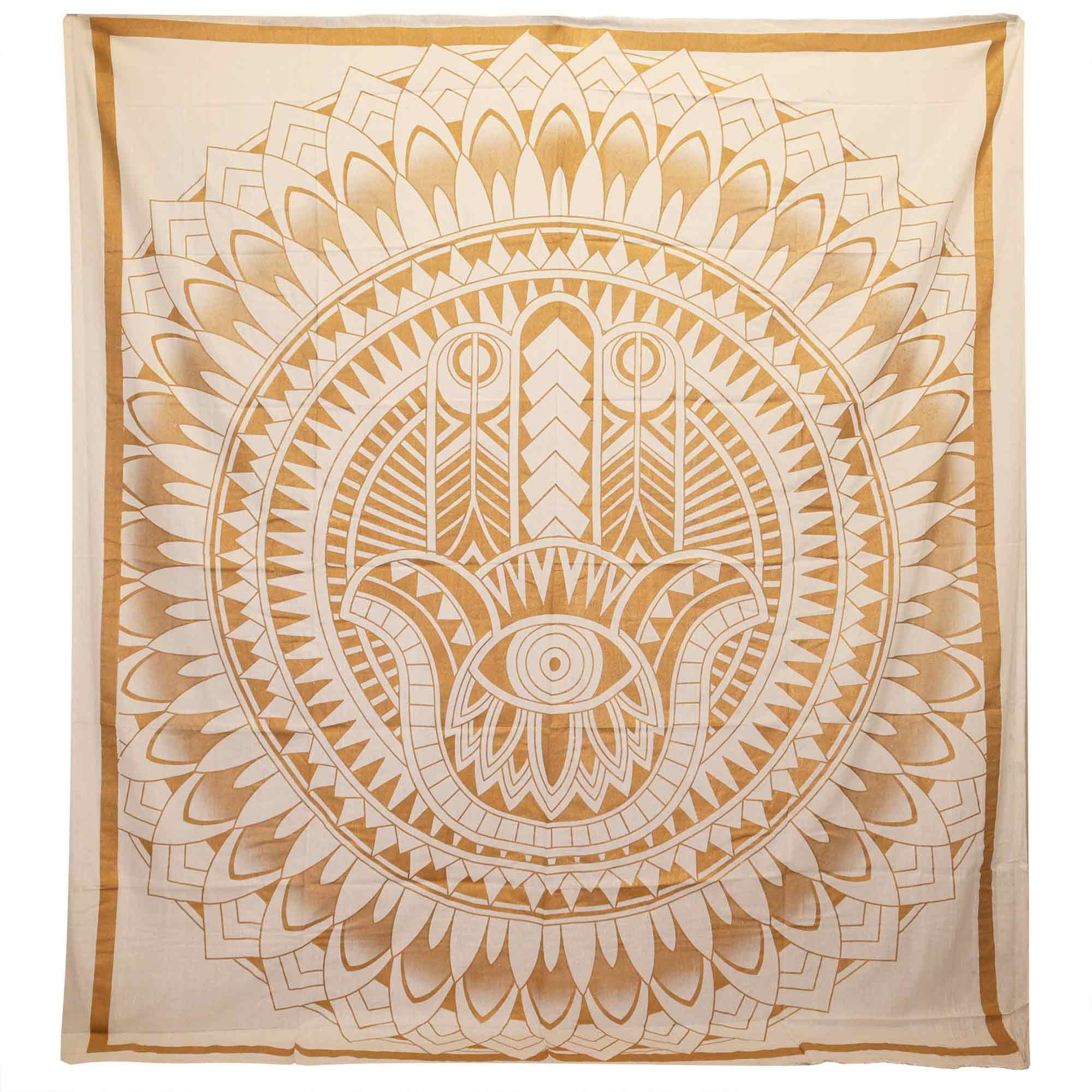 Colcha de Algodão Dupla com Tapeçaria de Parede Hamsa Branco e Dourado