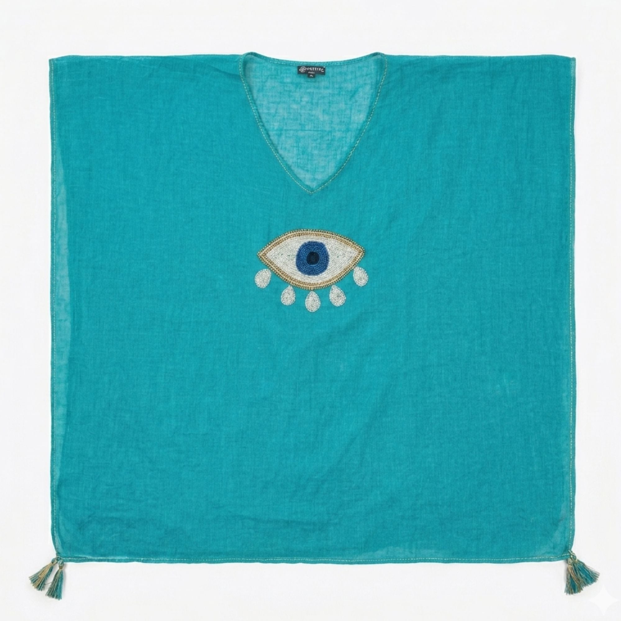 Kaftan Nomad Sari - Turquesa, Branco e Dourado com Olho Grego