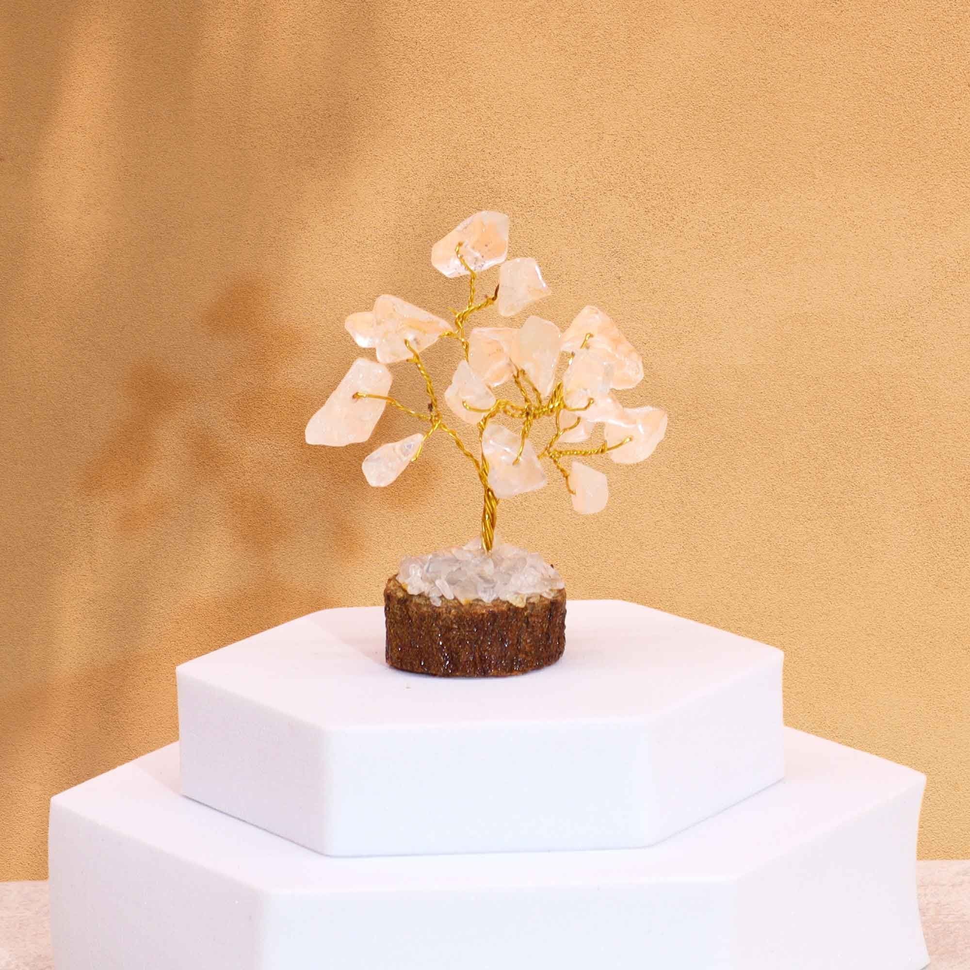 Mini Árbol de Piedras Naturales Base de Madera Cuarzo Transparente (15 Piedras)