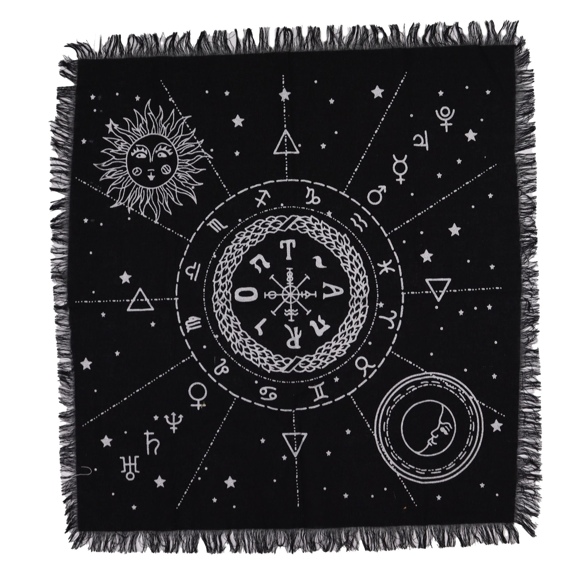 Toalha de Altar Esotérica com Franjas Lua e Sol