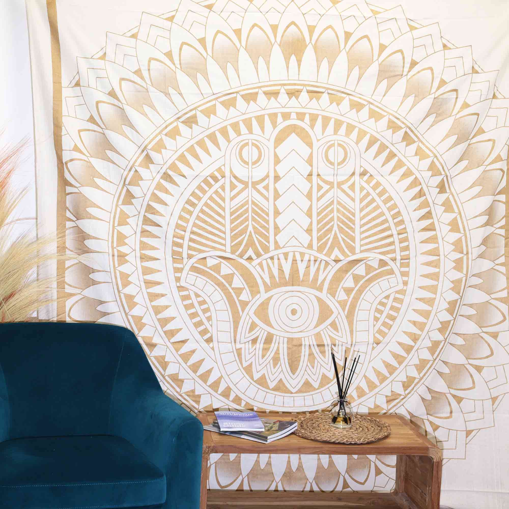 Colcha de Algodão Dupla com Tapeçaria de Parede Hamsa Branco e Dourado
