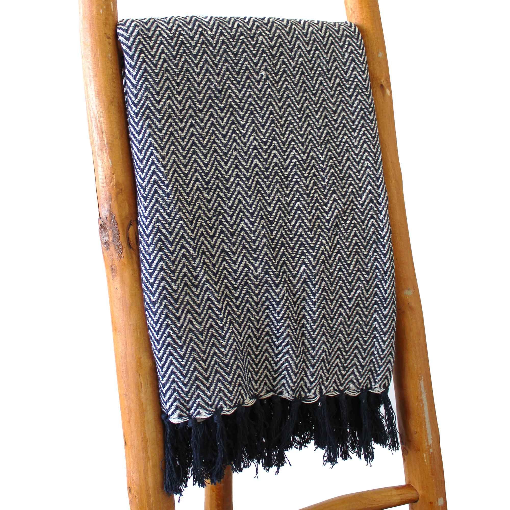 Manta Boho Conforto Zigzag Azul Marinho