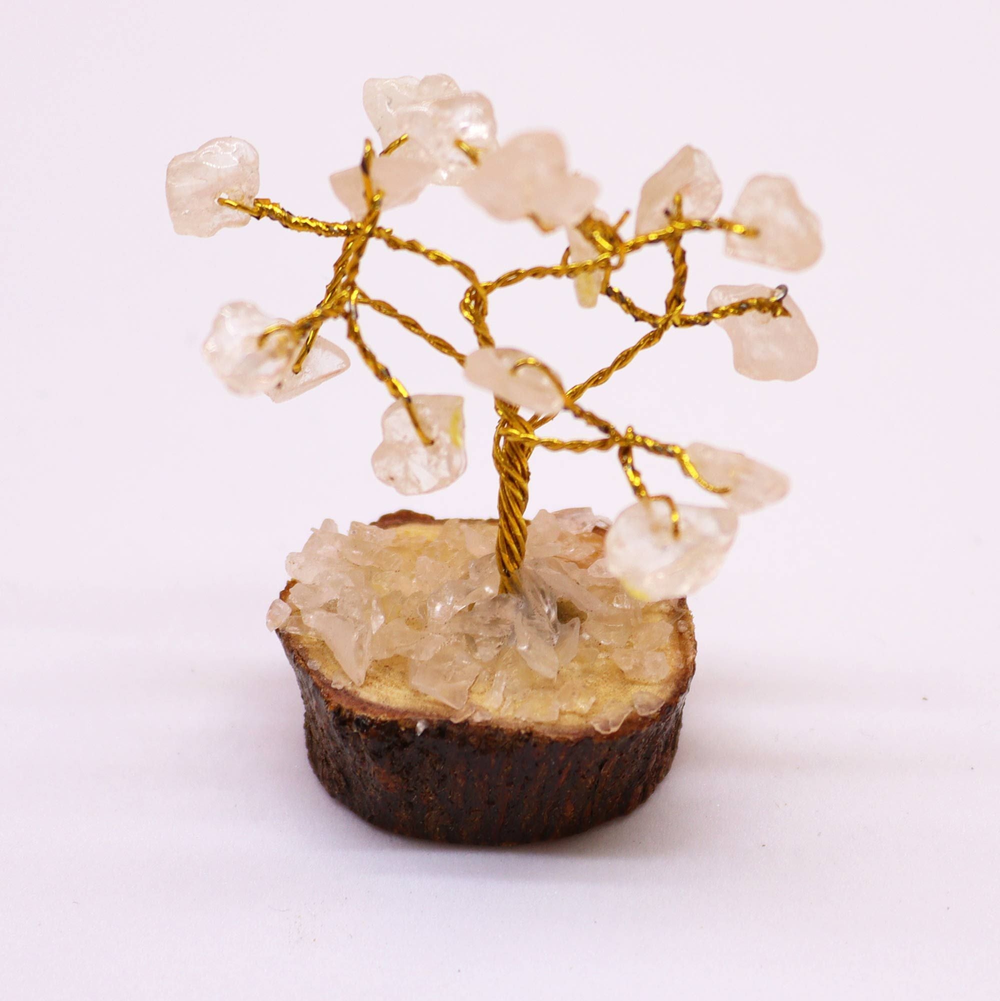Mini Árbol de Piedras Naturales Base de Madera Cuarzo Transparente (15 Piedras)