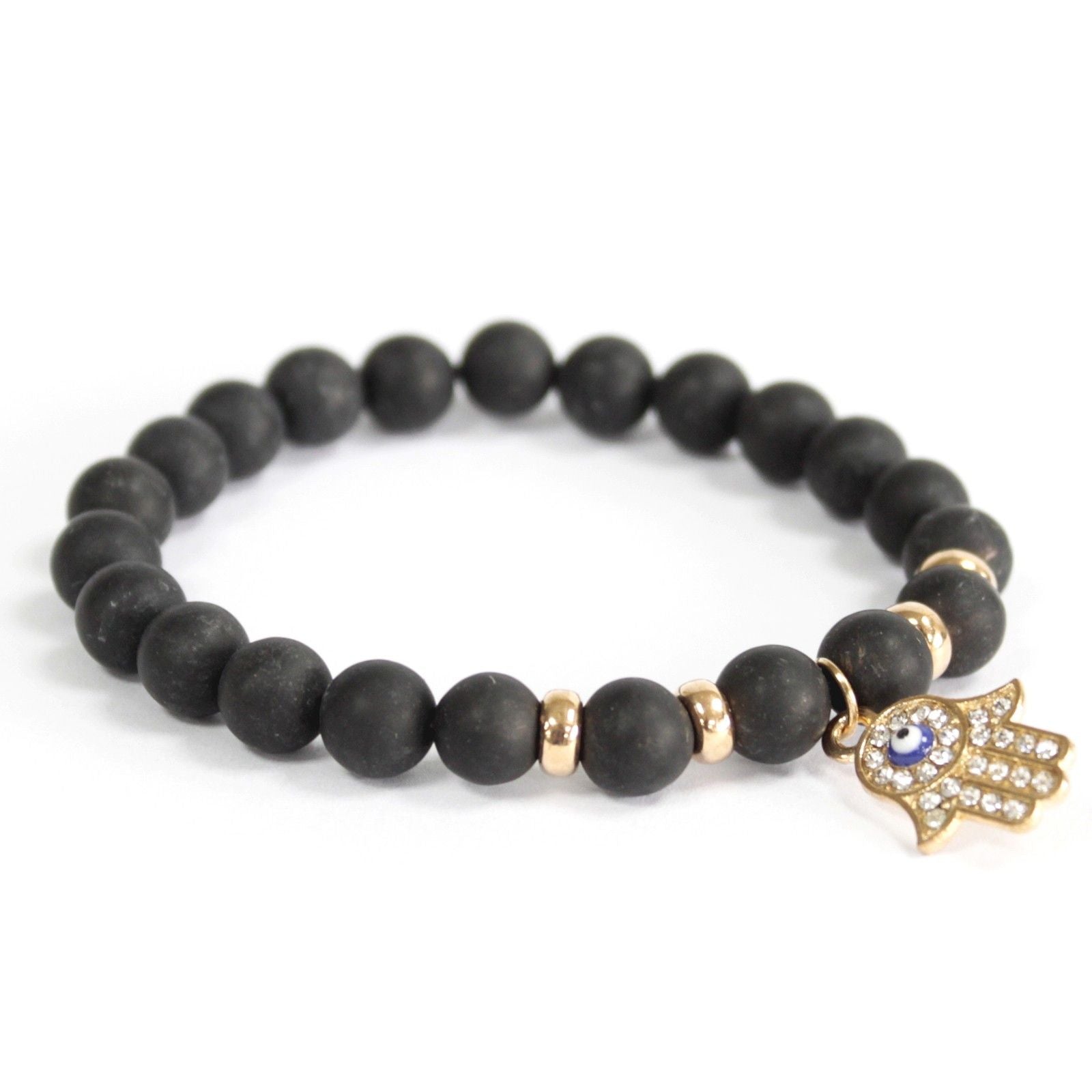 Black Agate Bracelet with Hamsa Symbol