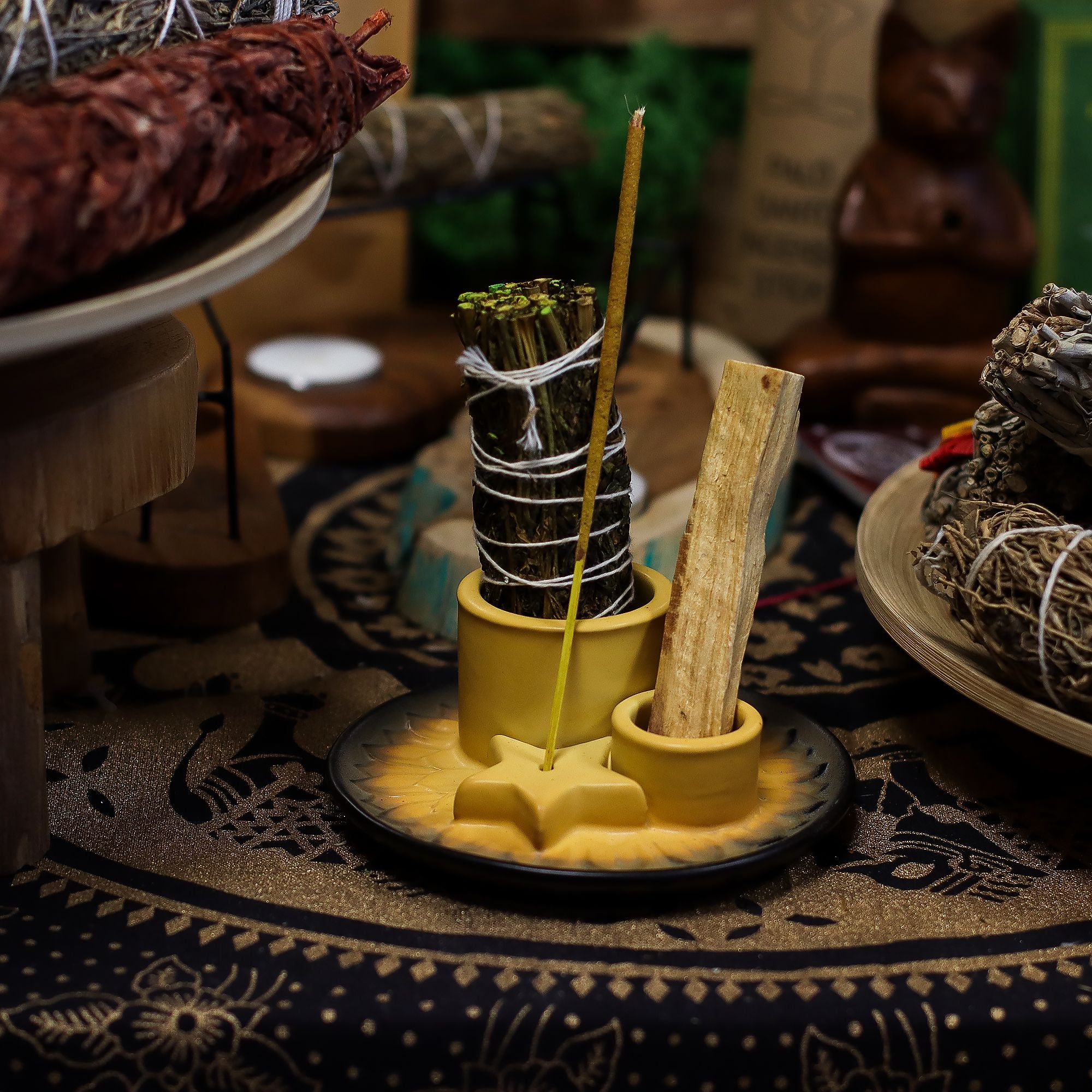 Suporte Cerâmico para Pau Santo e Incenso Mandala Areia e Cinzento