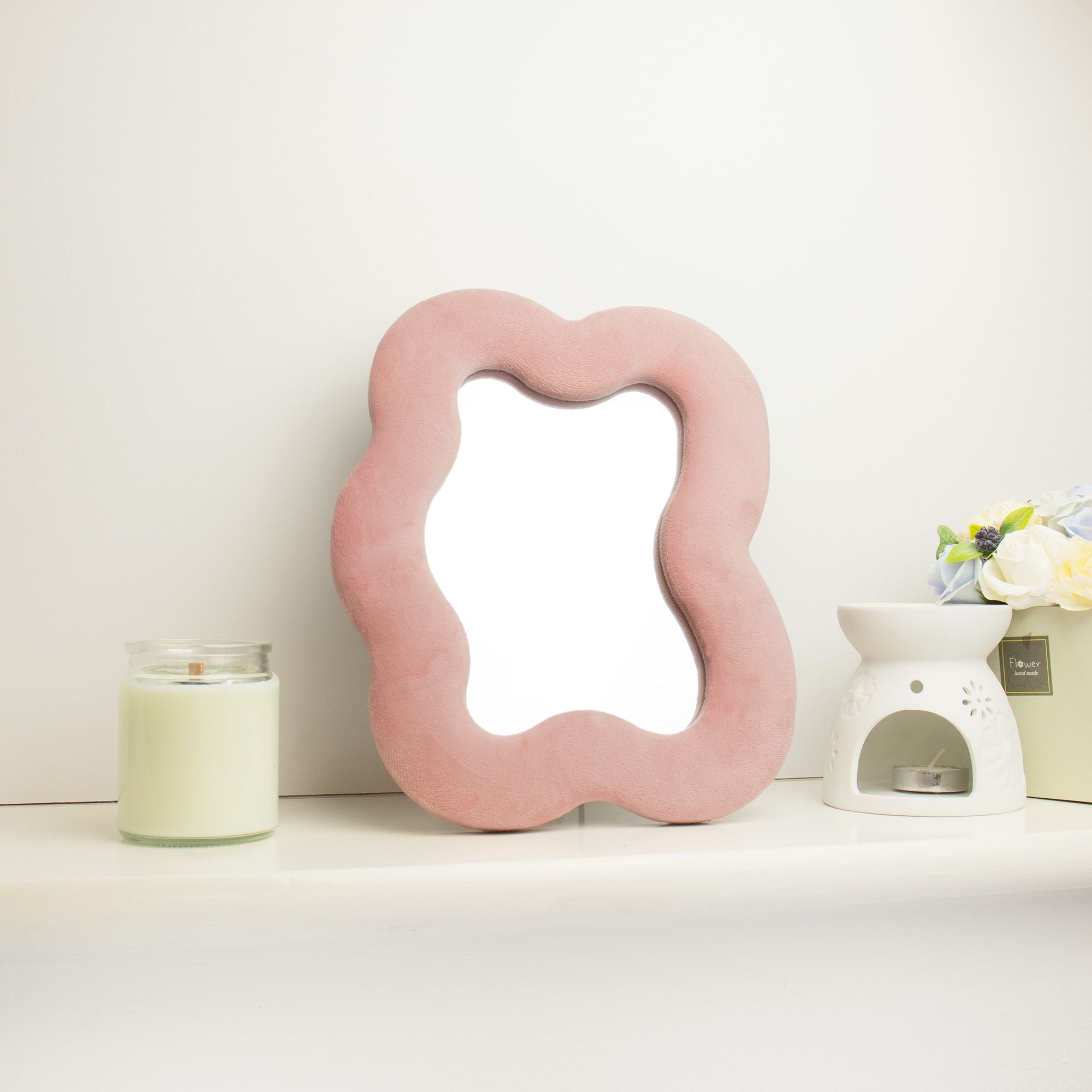 Espejo Ondulado Forma Guijarro Cuadrado Rosa Suave