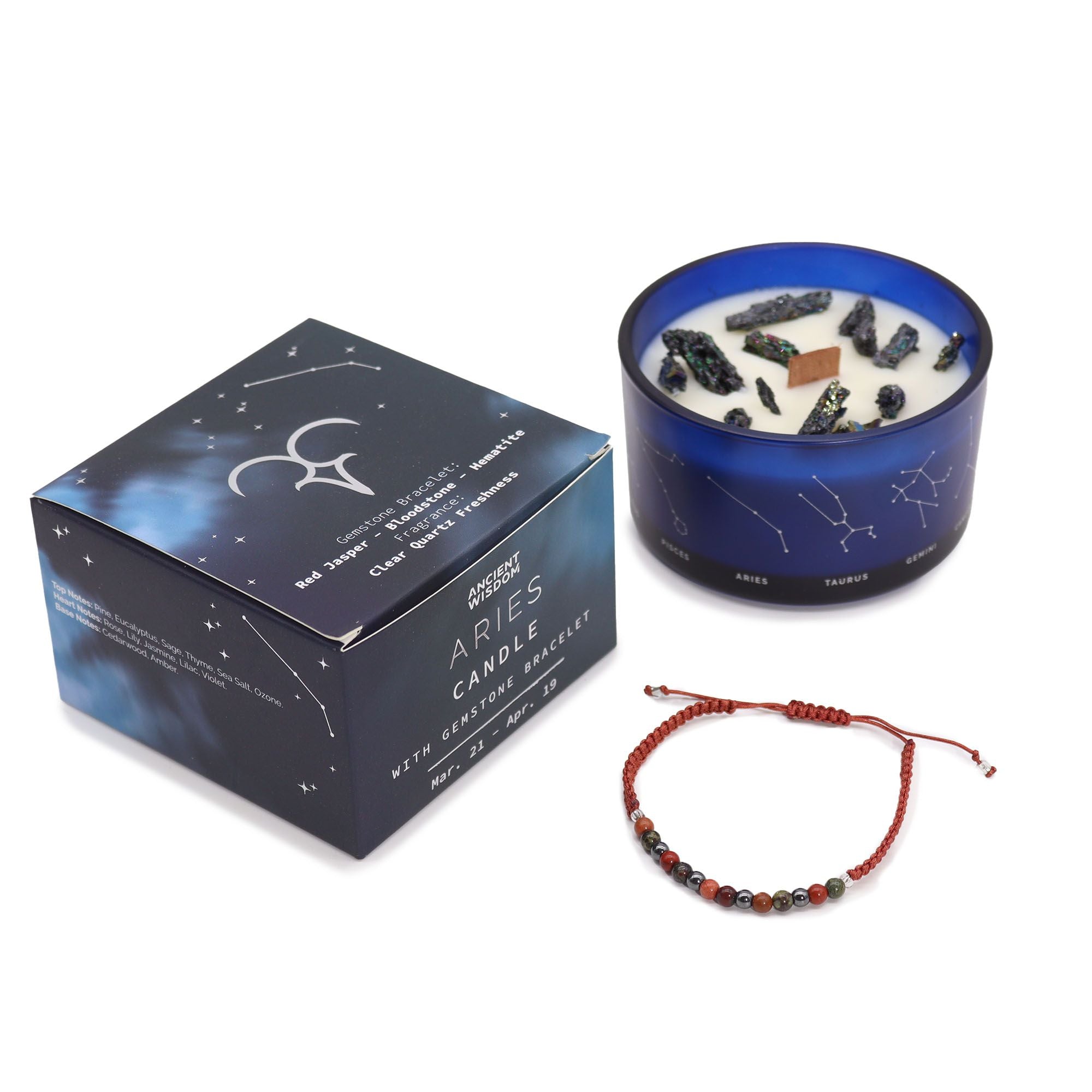 Vela de Cristal do Zodíaco com Pulseira de Pedras Naturais Carneiro