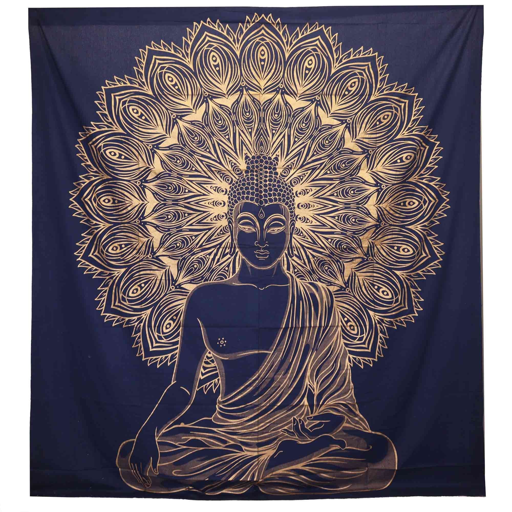 Colcha de Algodão Dupla com Tapeçaria de Parede Buda Azul e Dourado